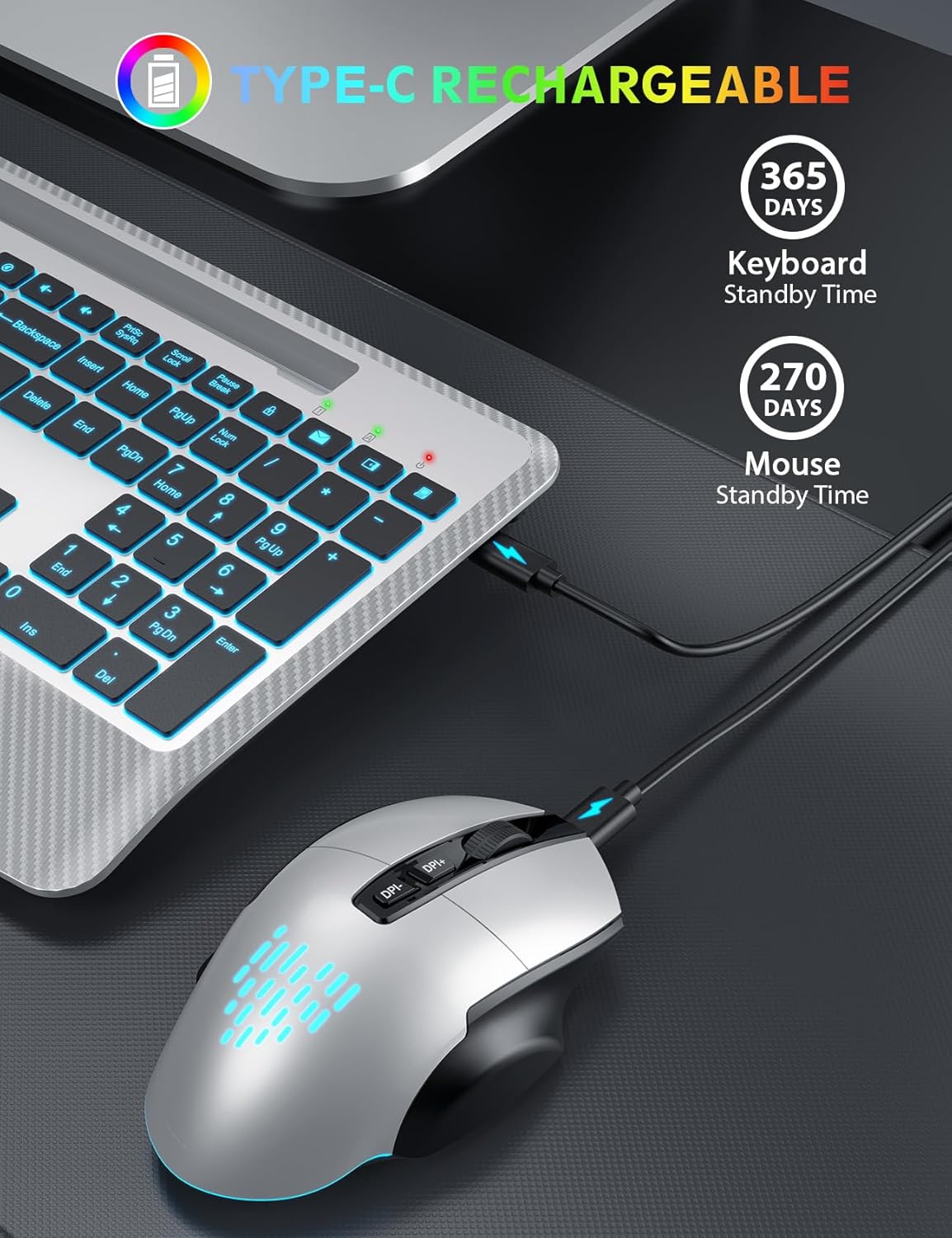 Wireless Keyboard and Mouse Backlits, Wrist Rest, LED Mouse, Rechargeable Ergonomic Keyboard with Phone Holder, Silent Light Up Combo for Computer, Mac, PC, Laptop, Chromebook (Silver Black)
