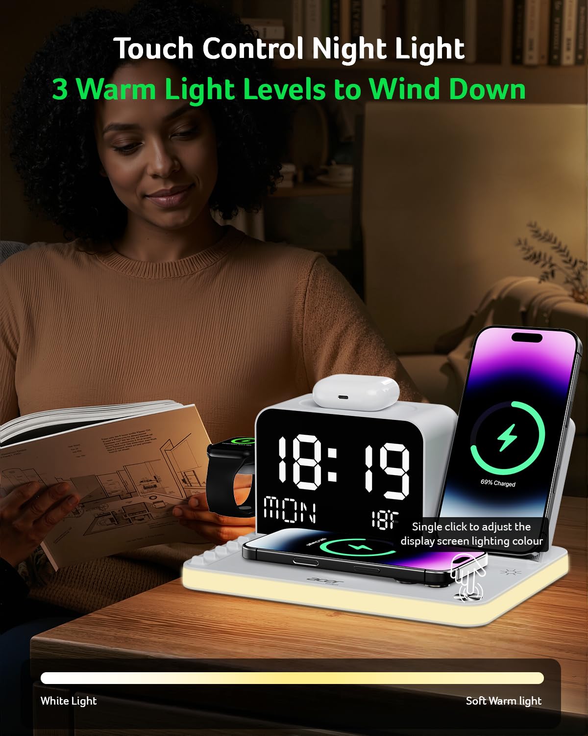 Acer 7-in-1 Wireless Charging Station with LED Clock - 30W Fast Wireless Charger for iPhone 16/15/14/13/12/Pro Max, Apple Watch, AirPods - Bluetooth Auto Time Sync & Night Lights (White)