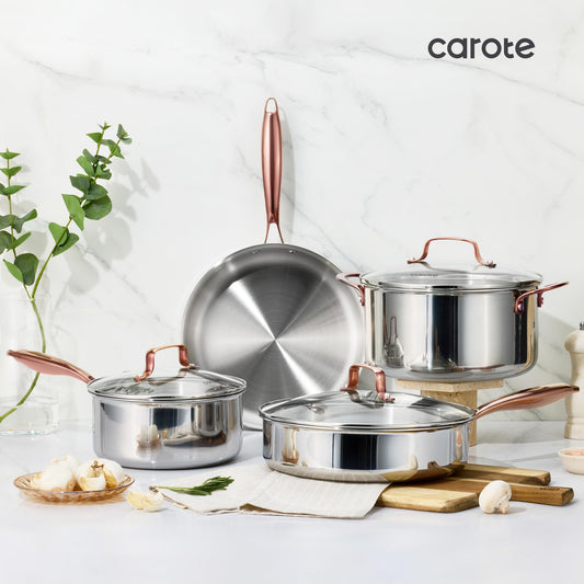 CAROTE 8"+10" Stainless Steel Frying Pan Set, Non-Toxic PTFE & PFOA Free Fry Pan & Omelet Pan, Oven Safe, Compatible with Induction, Ceramic, Gas Cooktops, Gold