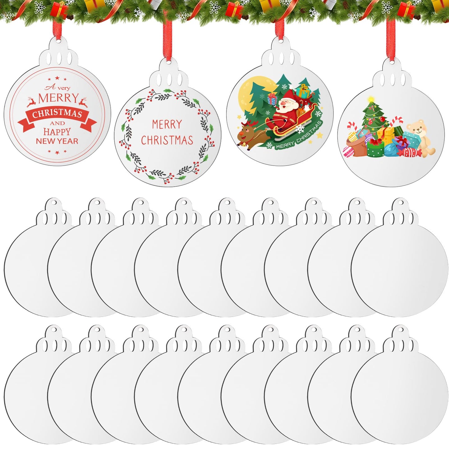 Jetec Christmas Sublimation Blank Pendants Double Side MDF Personalized Heat Transfer Blank Hanging Pendant White Sublimation Ornament with Red Ribbon for DIY(36 Pcs,3.5 x 2.9 x 0.1 Inch)