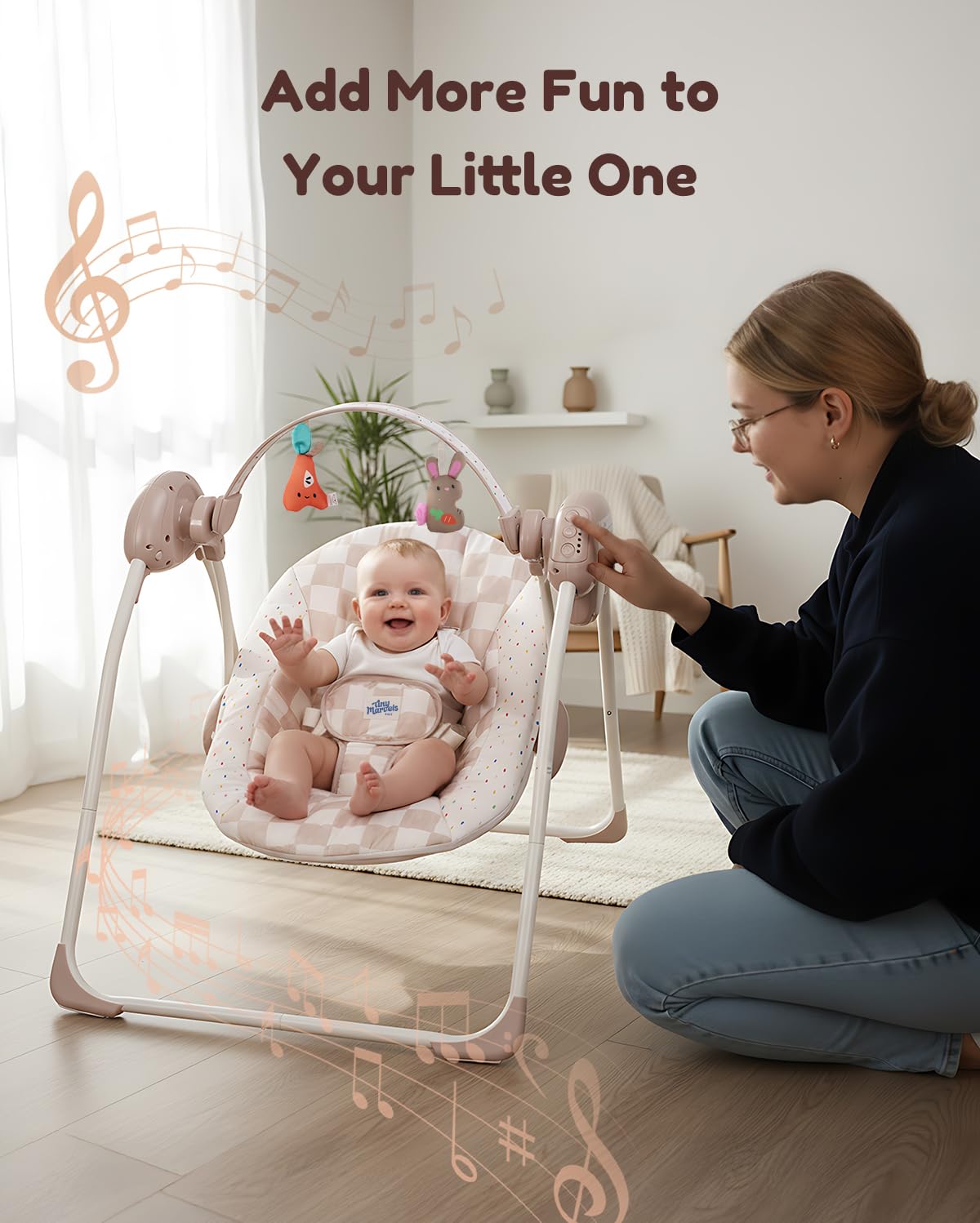 Baby Swings for Infants, Tiny Marvels Portable Swing with Adaptable Speed, Music, Removable-Toy-Bar, Foldable Infant Swing for Indoor and Outdoor Use, 0-9 Months 6-20 lbs(Sander Checker)