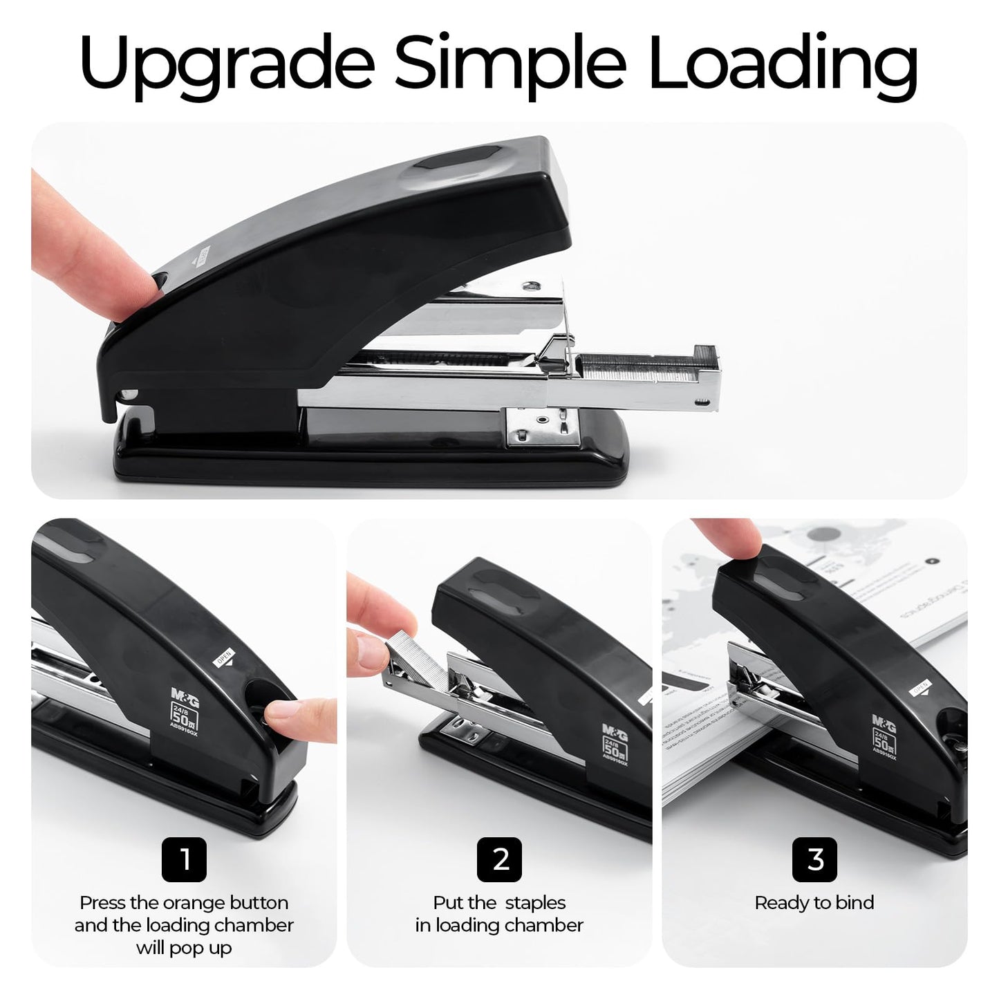 M&G Effortless Stapler for Desk, 50 Sheet Capacity, Heavy Duty Desktop Stapler with 1000 Staples & Staple Remover, One Finger Touch, Good for Office Home School, Black