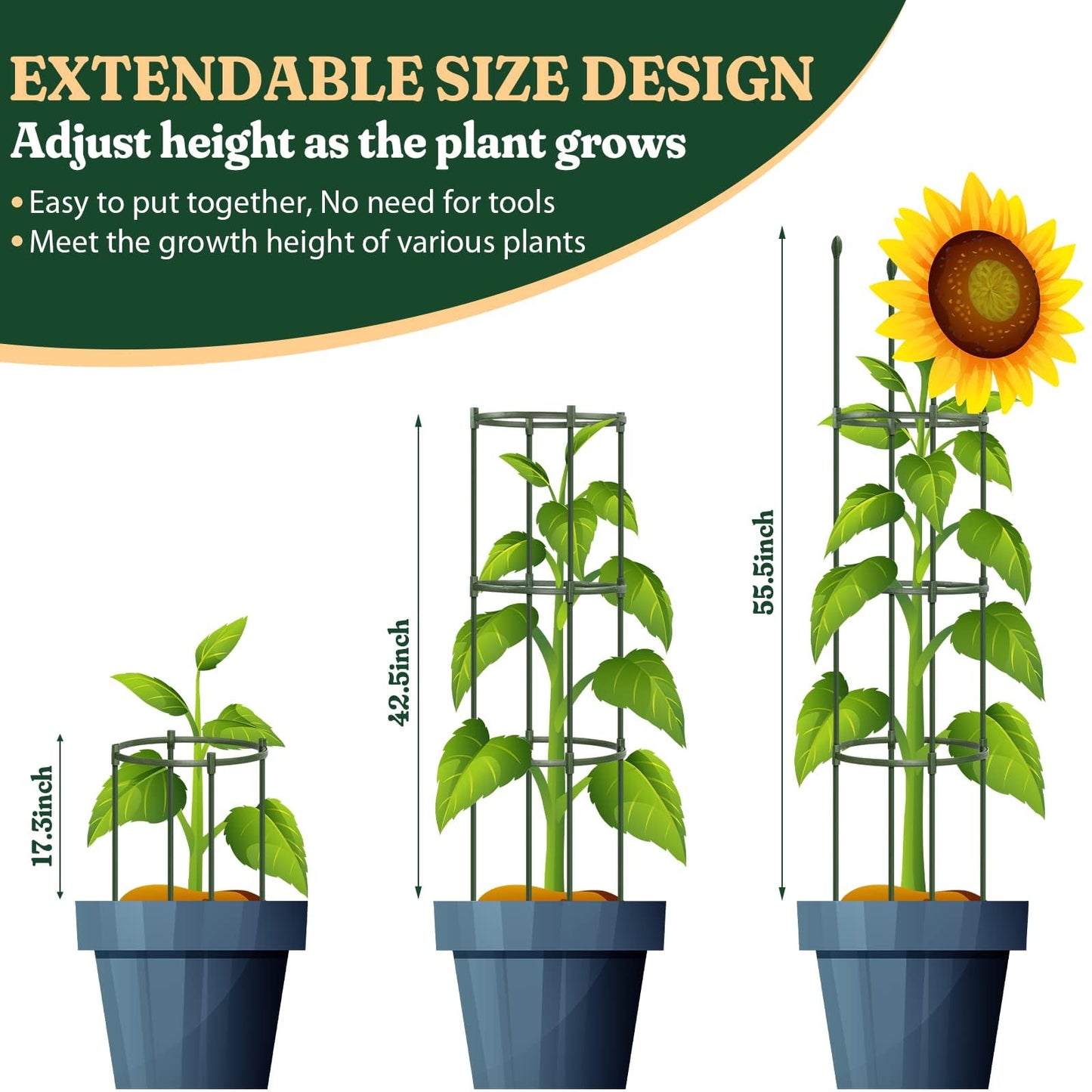 Round Heavy Duty Tomato Cage - 55 Inch Steel Core Plastic Coated Garden Trellis, 4-Post Rustproof Plant Support for Tomato/Cucumber/Beans, No Tools Snap Assembly, Spare Parts Available 4PS