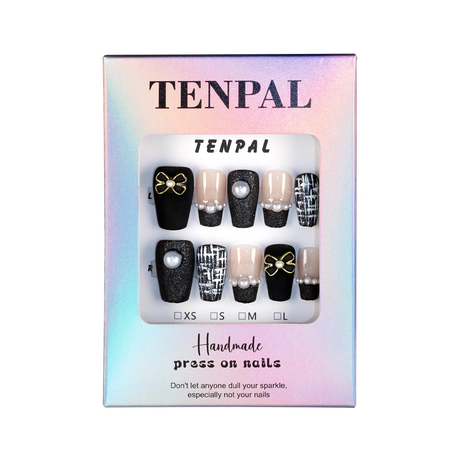 TENPAL Handmade French Tips Press on Nails Medium,Black Gold Pearl & Bow Tweed Coffin Nails,Detachable Luxury Heirloom Elegance Glue on Nails for Fair Skin,Acrylic Wedding Nails for Women(S)