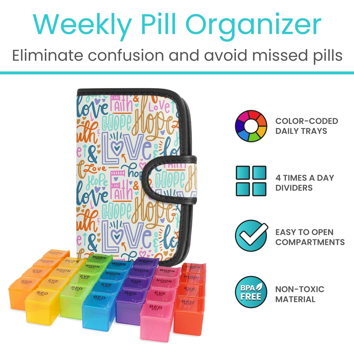 Vive Weekly Pill Organizer 4 Times a Day - 7 Days Pill Boxes for Morning, Noon, Evening, Night - Extra Large Medicine, Vitamin & Supplement Dispenser with Premium Leather Case