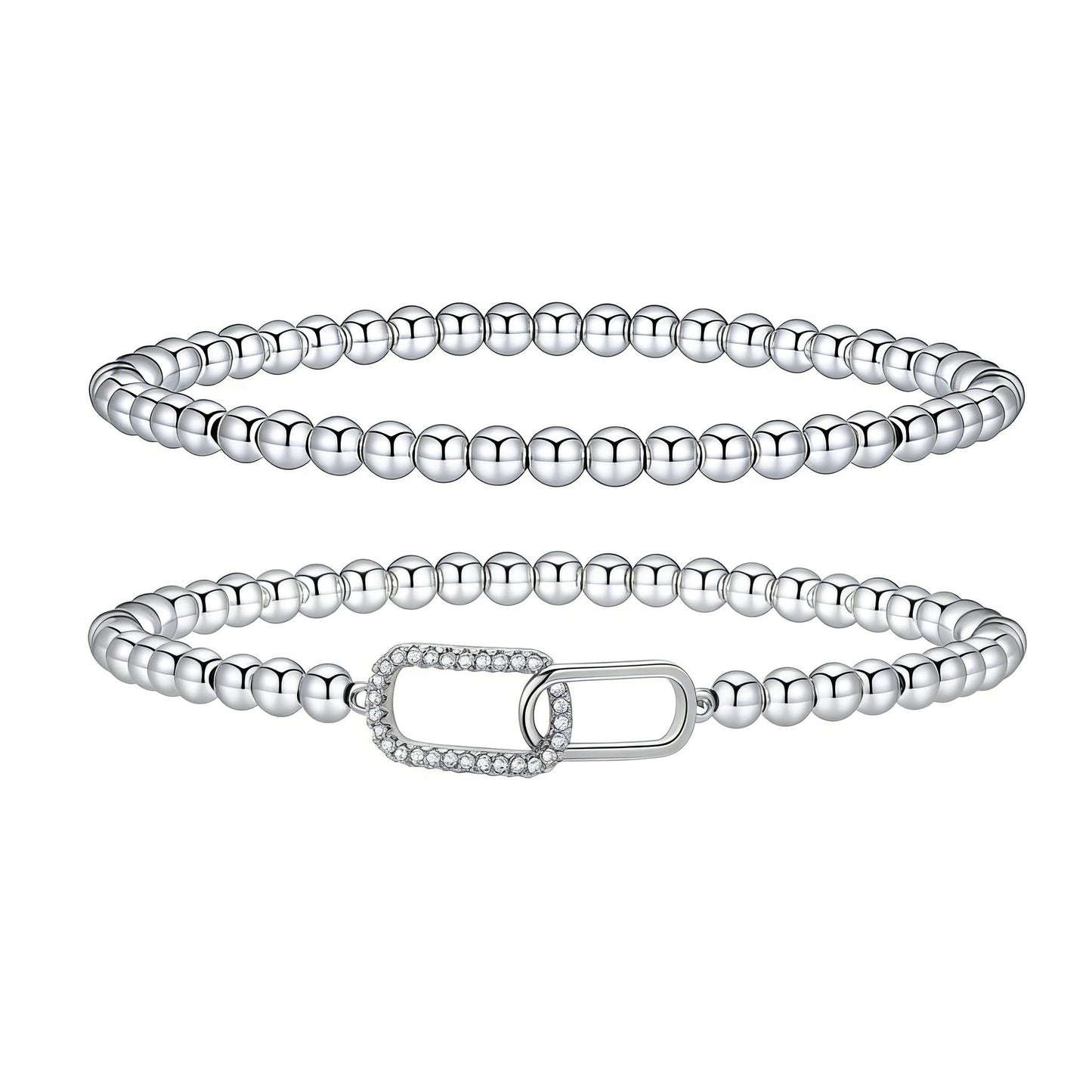 Silver Beaded Bracelets for Women 14K Silver Zirconia-square Bracelet Handmade Stackable Bracelets for Women Trendy Non Tarnish Bracelet Jewelry Gift for Womens 2Pcs (09.Zirconia-square+Beaded (Silver))