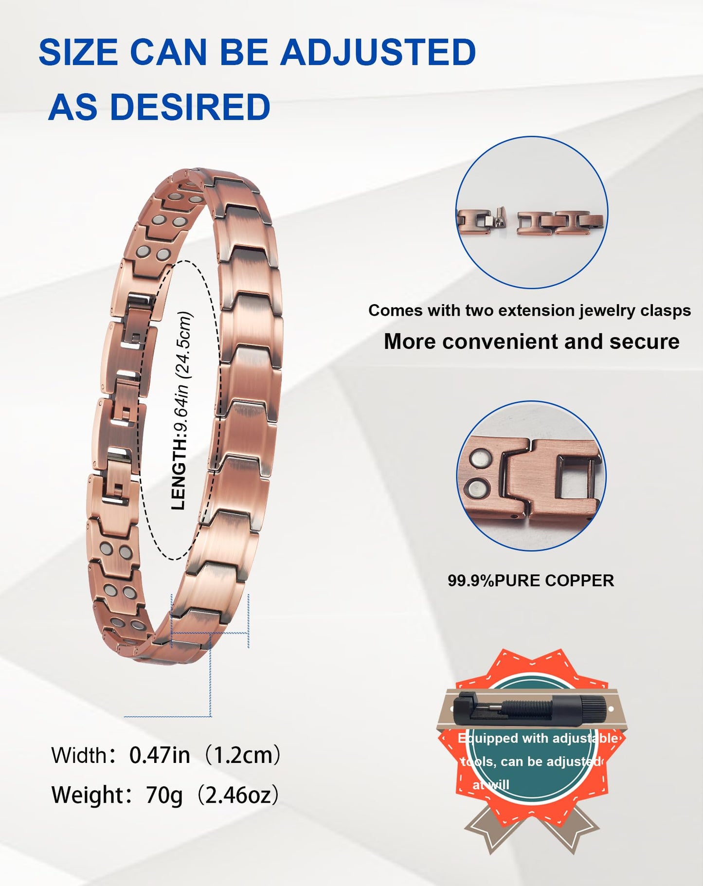MagSølv Copper Magnetic Anklet for Men, 99% Pure Copper Double Row Magnet Ankle Bracelet with 3500 Gauss and Adjustable Link Buckle