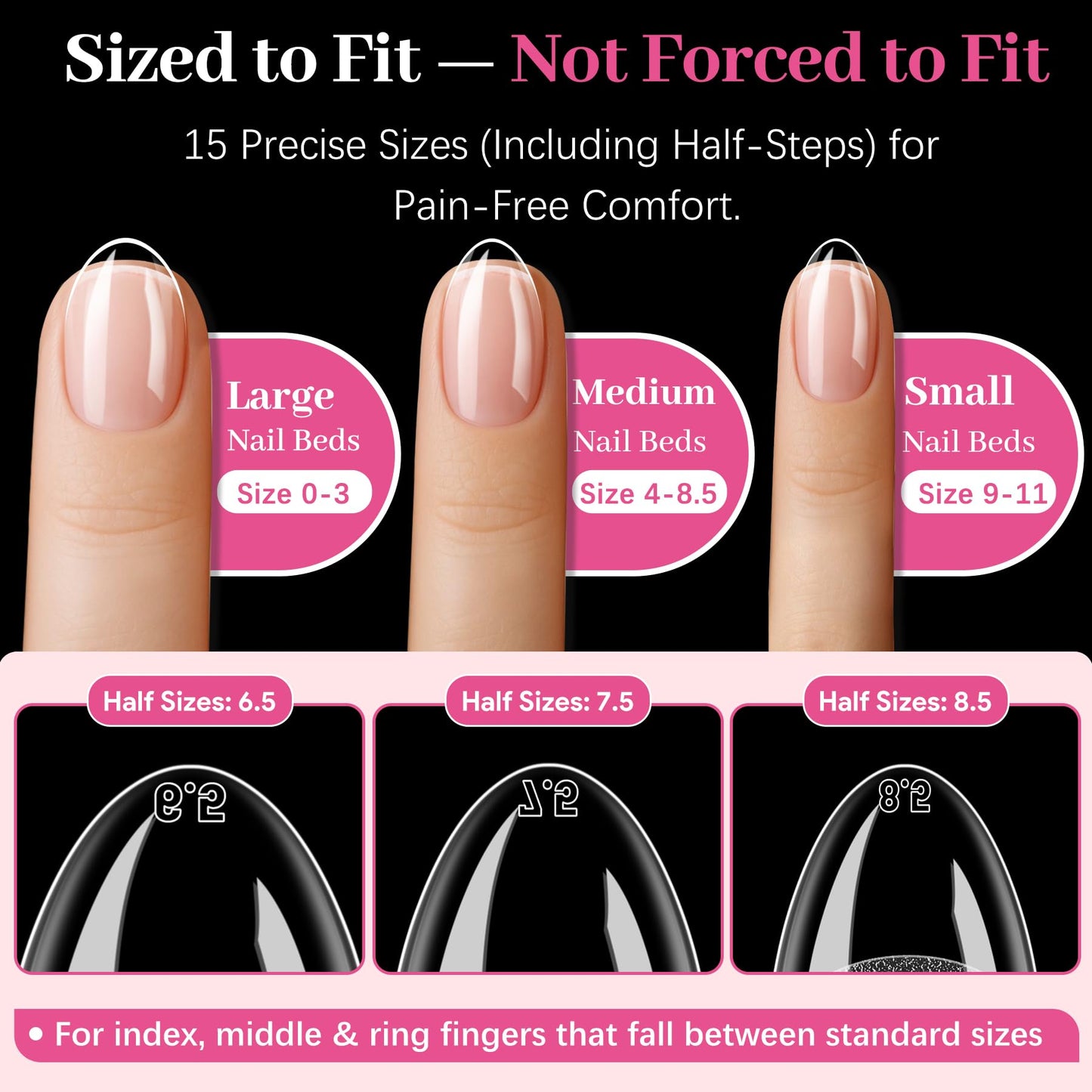 QIEK 450PCS Extra Short & Short & Medium Almond - 3 Styles Nail Tips, 70-Grit Pre-Etched Press On Nail in 15 Sizes, Fake Nail Extension Kit for Acrylic Gel Nail Art DIY Salon