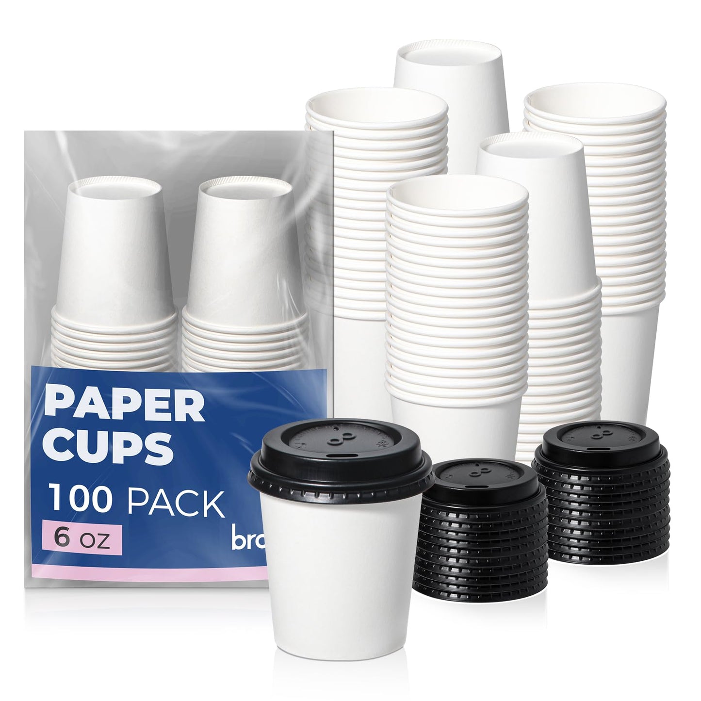 Fit Meal Prep 100 Pack 6 oz Disposable Coffee Cups with Lids, Premium To Go Paper Cups, Leak Proof Hot Coffee Cups with Lids for Travel, Office, Hot/Cold Beverages (Black Lids)
