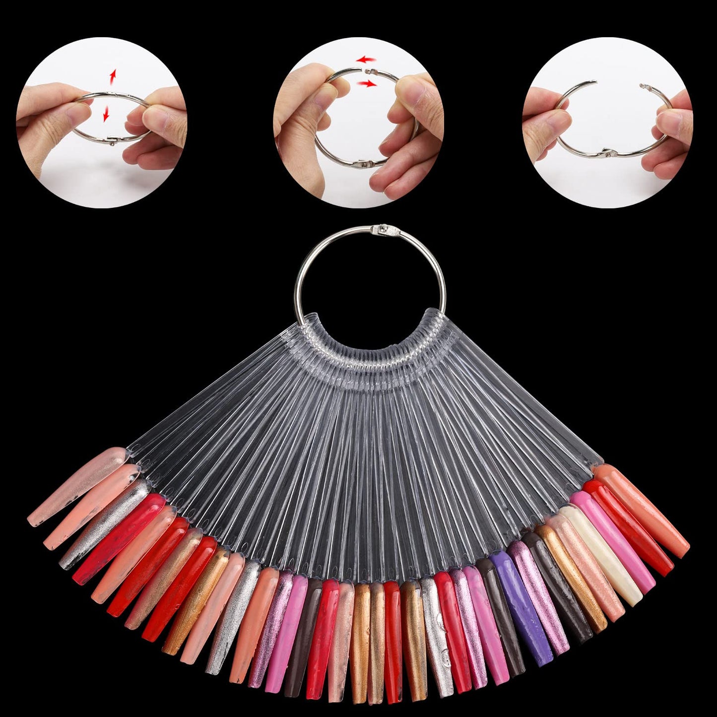 300 Pcs Nail Swatch Sticks with Number Stickers, Clear Fan-shaped Nail Polish Color Sample Sticks Display, Practice Nails Sticks with Ring for Board Home