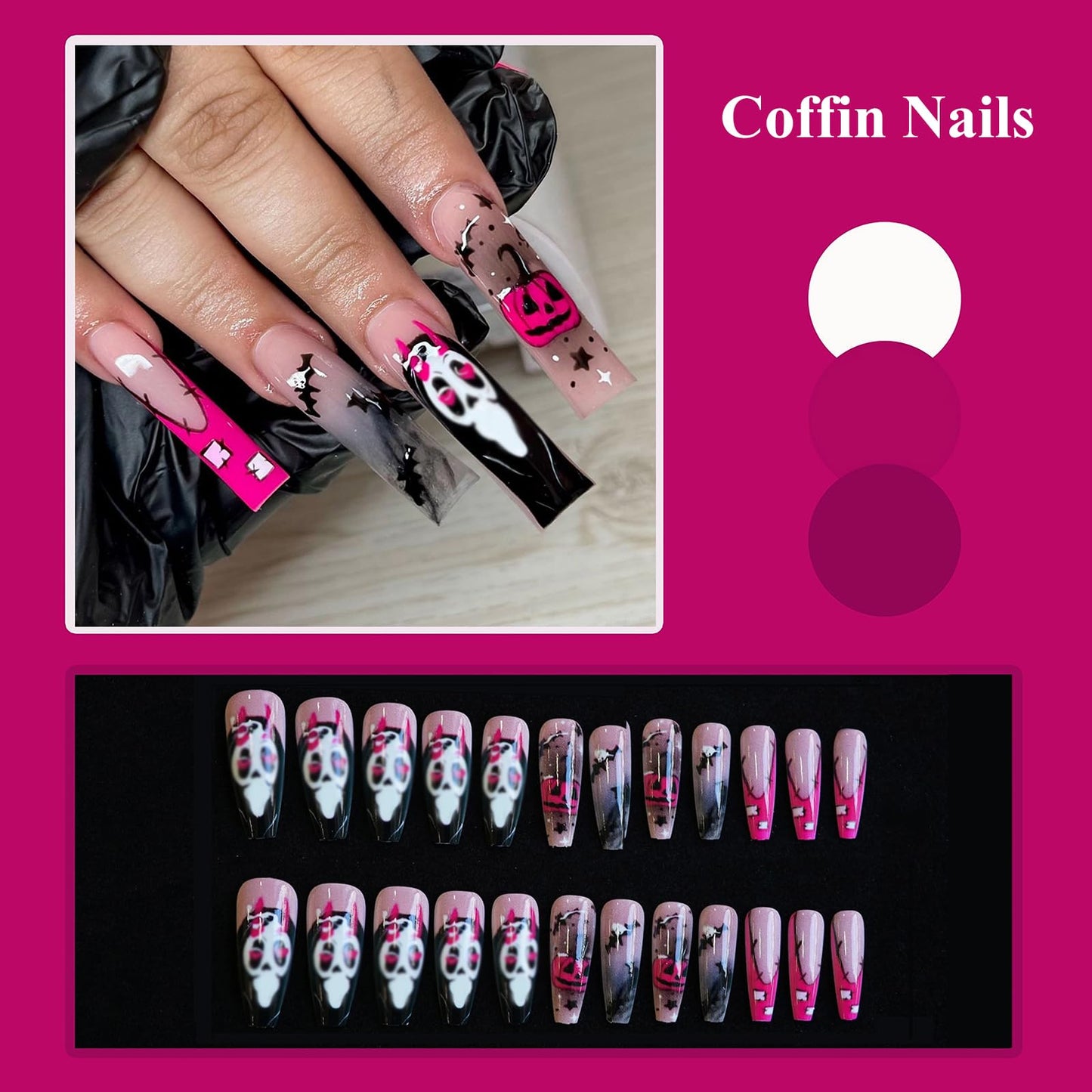 MISUD Press on Nails - Long Coffin Fake Nails with Halloween Goth, Acrylic Scary Ghost Design 24 pcs
