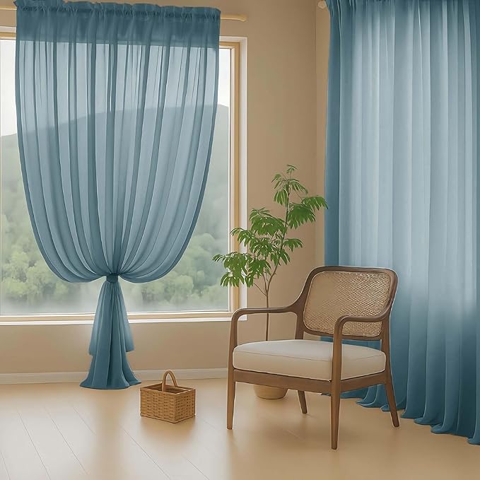 Dusty Blue Sheer Curtains 84 Inches Long 2 Panels, Elegant Airy Transparent Light Filtering Window Curtains, Window Drapes for Living Room Bedroom, Top Dual Rod Pocket Design, 2x42Wx84L Inches