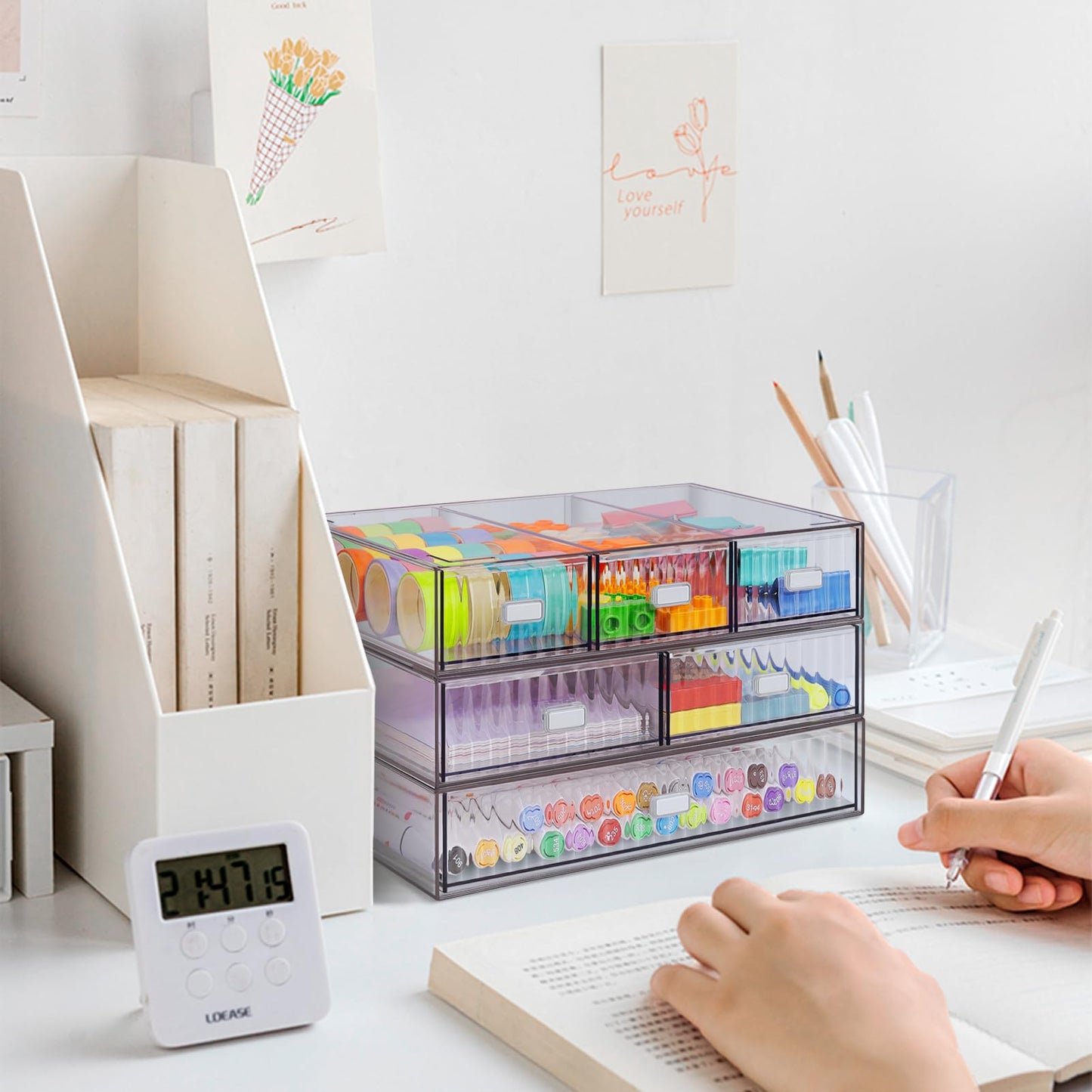 3 Tier Stackable Desk Organizer with 6 Drawers, YOCOMEY Plastic Desktop Storage Box Drawers, Detachable Makeup Storage Office Stationery Supplies Organizer for Office School(Clear)