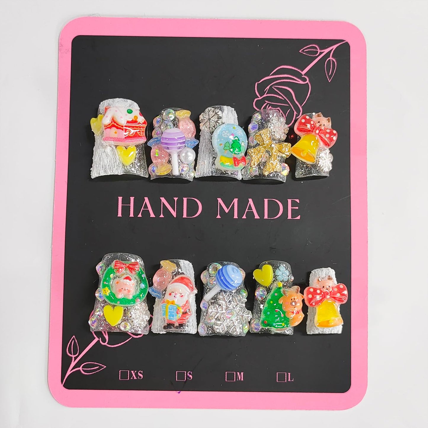 Christmas Press on Nails Handmade Fake Nails Short Duck Thick Acrylic Nail Cute False Nails with Bow Santa Lollipop Charms Glitter Designs Winter Sturdy Nail Art Press on Nails 10Pcs(M)