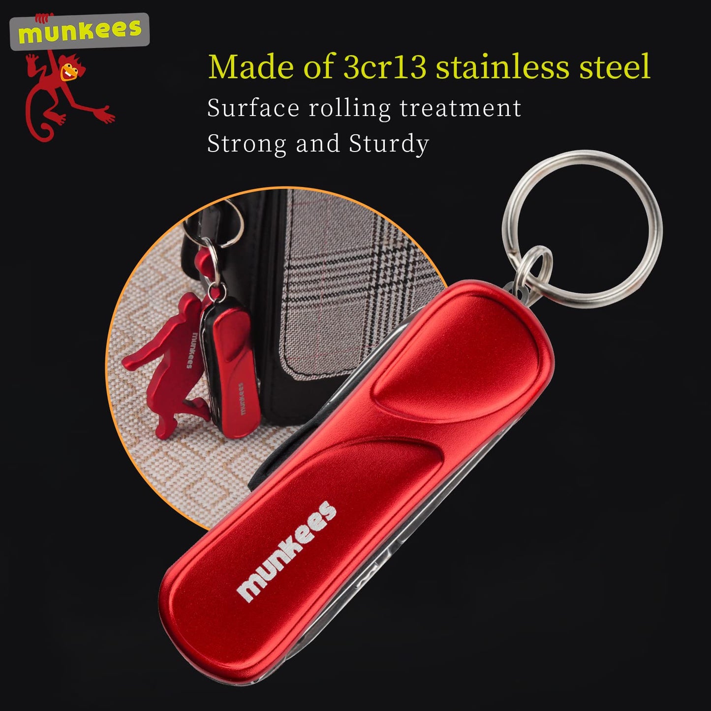 Munkees 6-Function Manicure Keychain Multi-Tool, Nail File, Fingernail Clippers, Scissors, Knife, Tweezers, Cuticle Pusher, Trimmer, Remover, Mini Portable Pocket Key Ring Gift