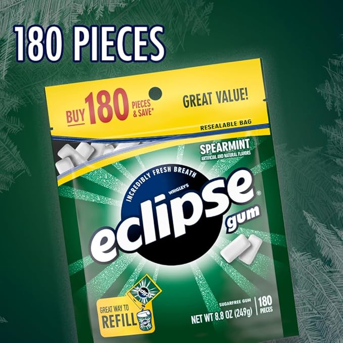 ECLIPSE Spearmint Chewing Gum Sugar Free, Mint Gum Bulk Pack, 8.8 Ounce (180 Piece Bag)
