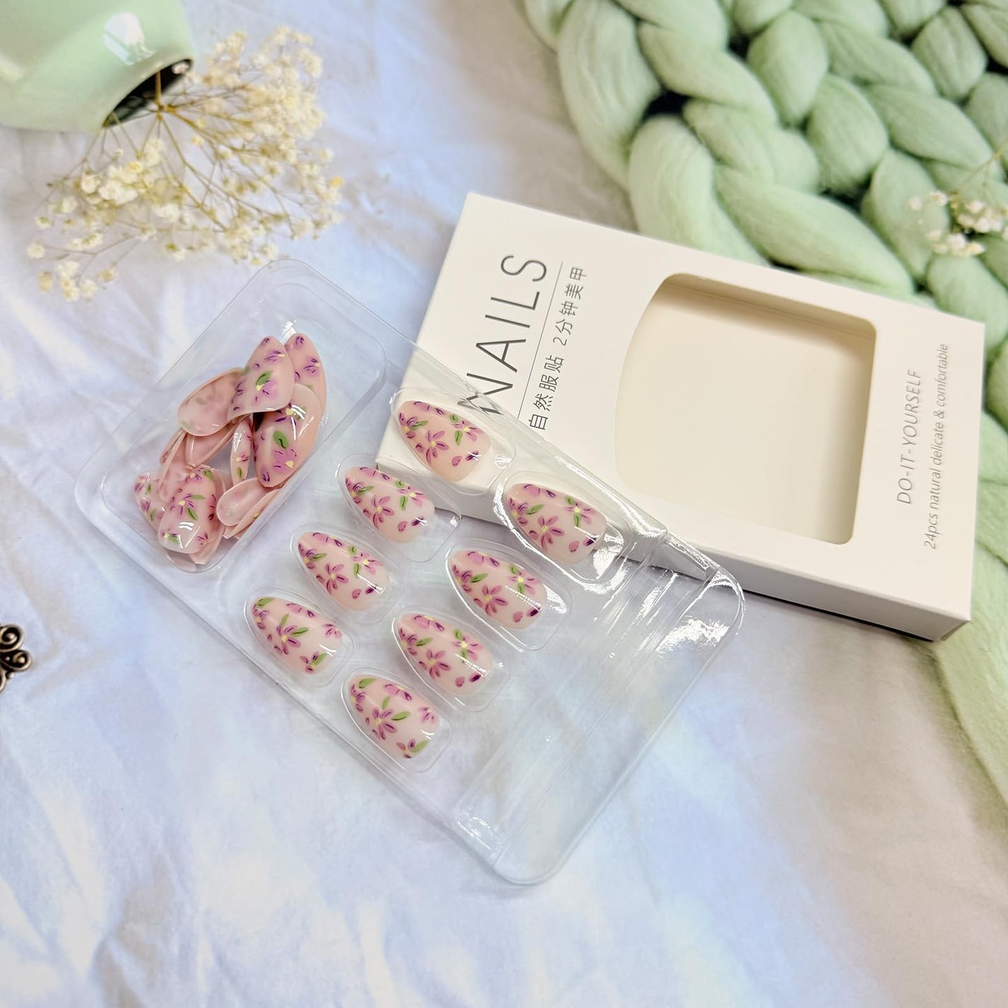 Spring Press on Nails Almond Medium Fake Nails with Designs Purple Flower Stick on Nail Glitter Acrylic False Nail Cute Artificial Nail Press ons Glossy Full Cover Glue on Nails for Women 30Pcs