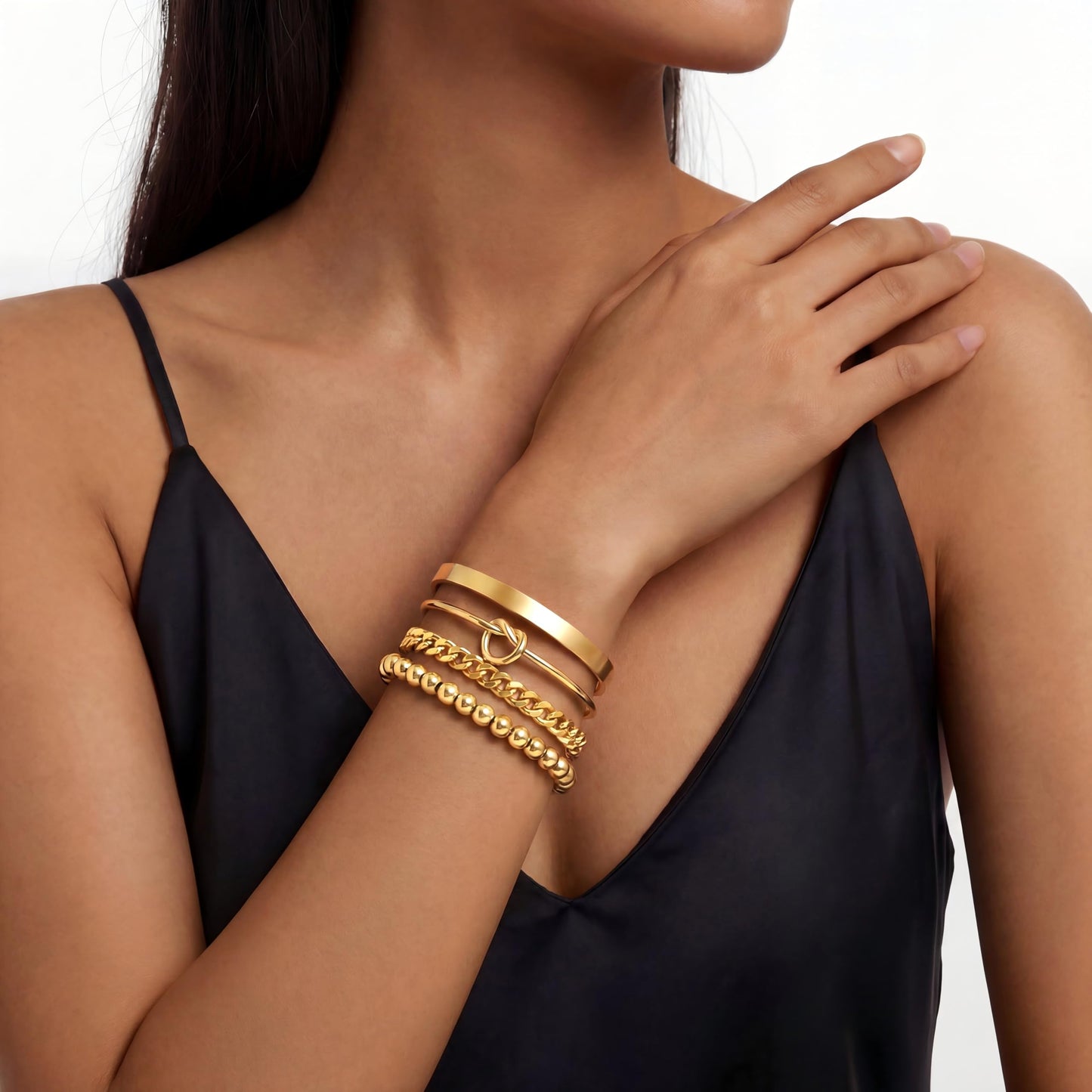 Gold Stack Bracelet for Women, 14k Gold Filled Bangle Cuff Bracelet Stack Dainty Jewelry for Women, Stretch Beaded, Love Knot Cuff, Cuban Chain
