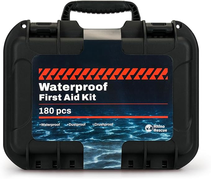 RHINO RESCUE Waterproof Marine First Aid Kit for Boat Durable First Aid Box for Crews with Emergency Medical Supplies for Travel & Fishing (Black)