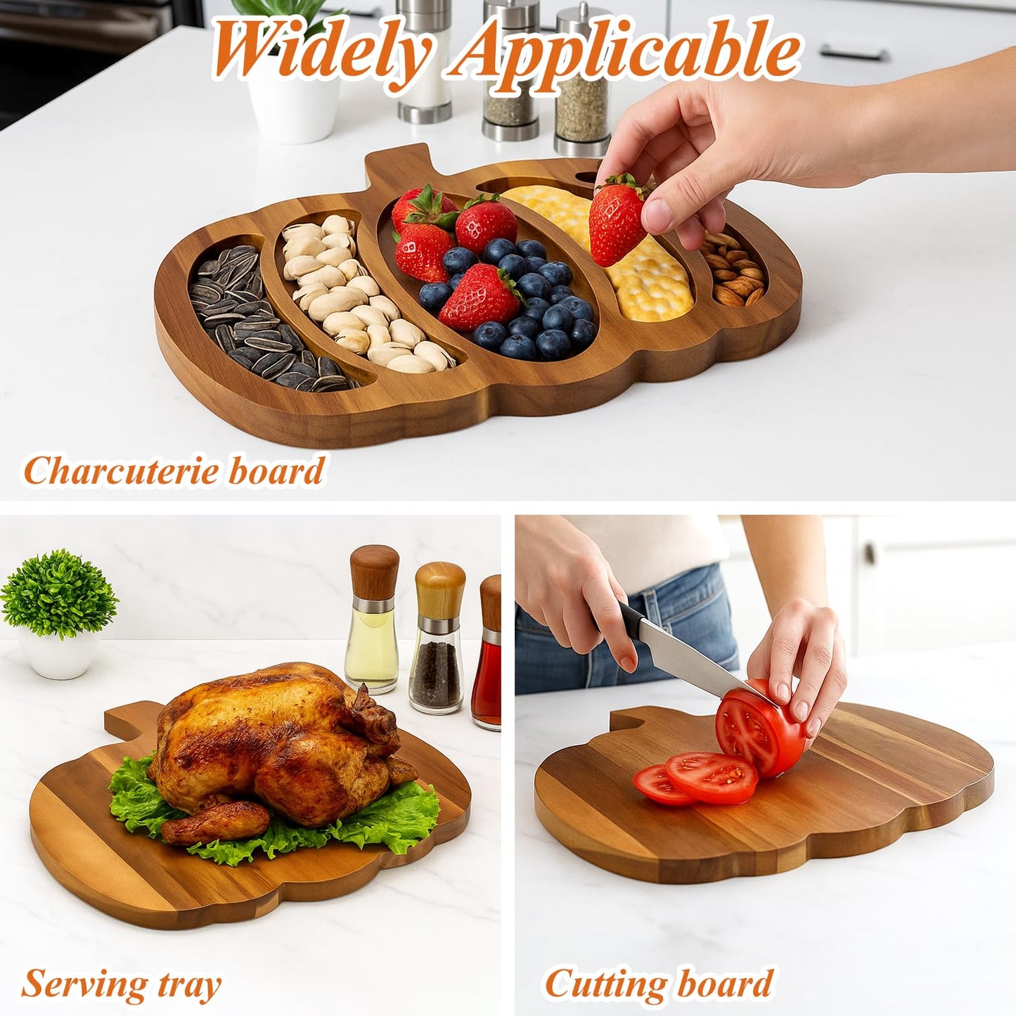 Renawe Acacia Wood Pumpkin Decor Halloween Charcuterie Boards for Kitchen Halloween Decoration Rustic Fall Serving Tray Food Dish Wooden Pumpkins Platter Thanksgiving Decorative Cheese Turkey Board