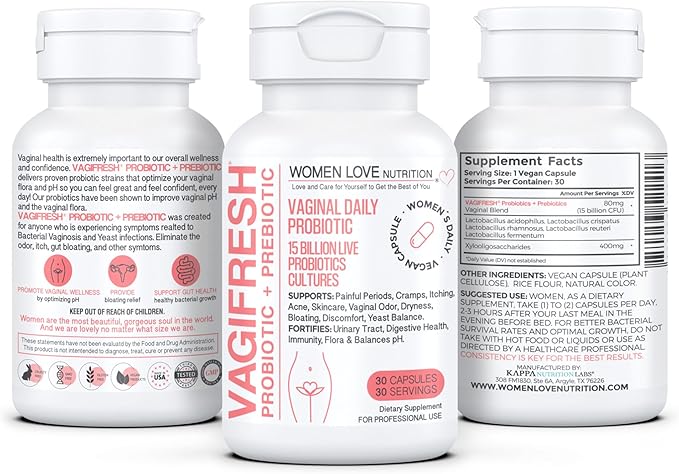 VAGIFRESH Vaginal Probiotics, pH Balance, Prebiotics & Lactobacillus. Women's Vaginal Health Supplement - Healthy Vaginal Odor & Flora, 30 Count.