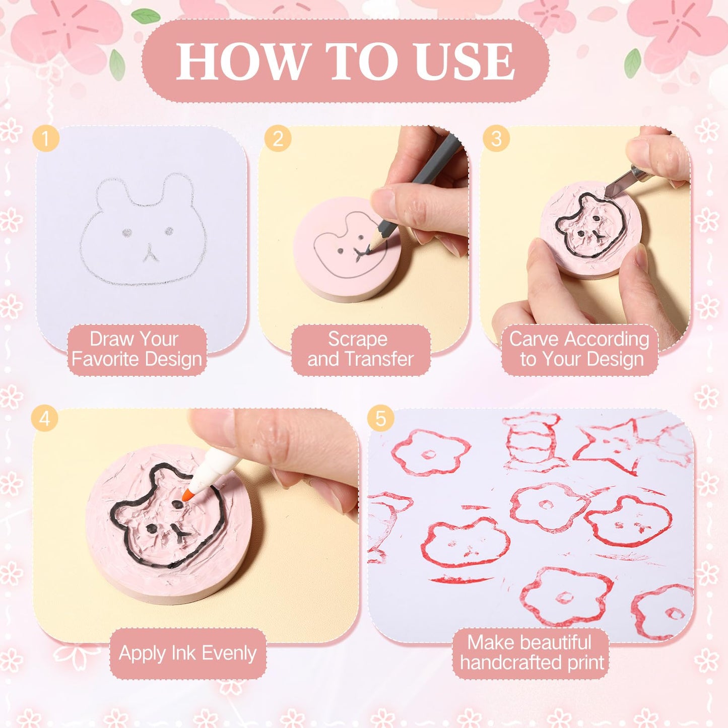 Innconee 18 Pcs Rubber Stamp Carving Blocks Linoleum Blocks 4"x6" and 2"x2" Round Square Rectangle Block Carving Kit for Stamp Crafts DIY Project(Pink)