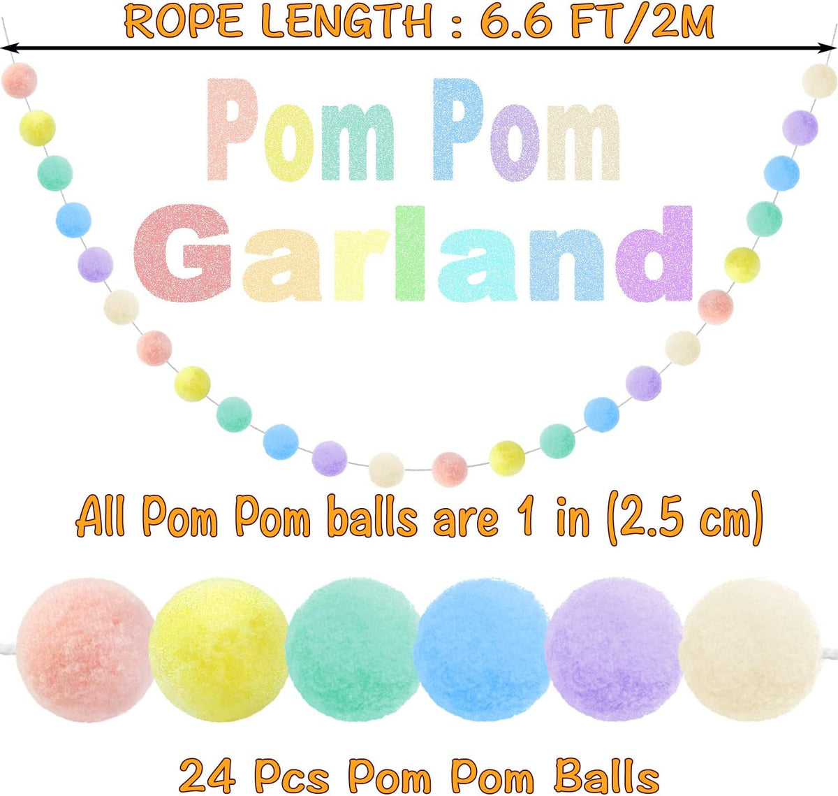 3pk Pastel Pom Pom Garland Easter Decorations Spring Home Decor Indoor Living Room Wall Classroom Xmas Tree, Cute Hanging Rainbow Colorful Felt Ball Garland Baby Shower Wedding Birthday Party Supplies
