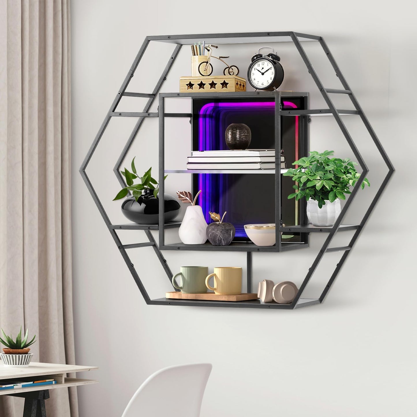 FUSLITE Infinity Mirror Gaming Floating Shelves with LED Lights, Hexagon Wall Mounted LED Shelf with RGB App Control, 36.6" Large Display Rack for Gaming Room Decor, Action Figures, Collectibles
