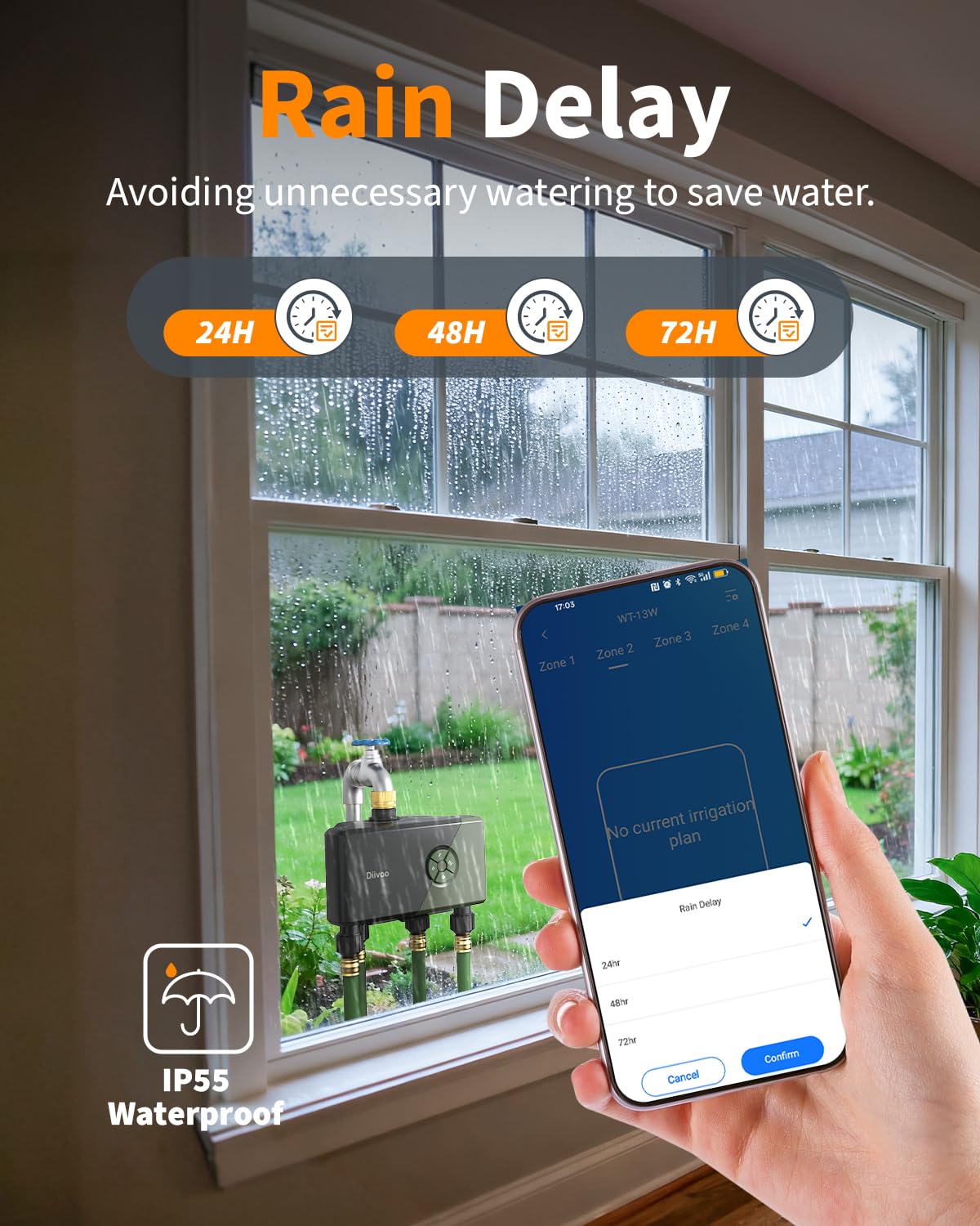 Diivoo 4 Zone WiFi Water Timer with Brass Inlet, Smart Hose Sprinkler Timer 4 Outlets Compatible with Alexa/Google Assistant, 24 Irrigation Plans, Rain Delay & Mist Mode for Garden Lawns (2.4GHz Only)