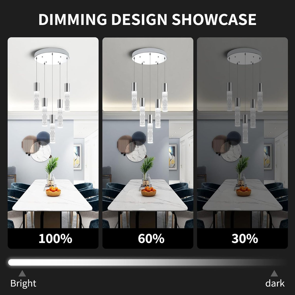 OKELI 5-Light Pendants Light for Kitchen Island Dining Room, 6000K Bubble Crystal Modern LED Kitchen Hanging Lights, 30W Chrome Pendant Lighting Fixture, Round