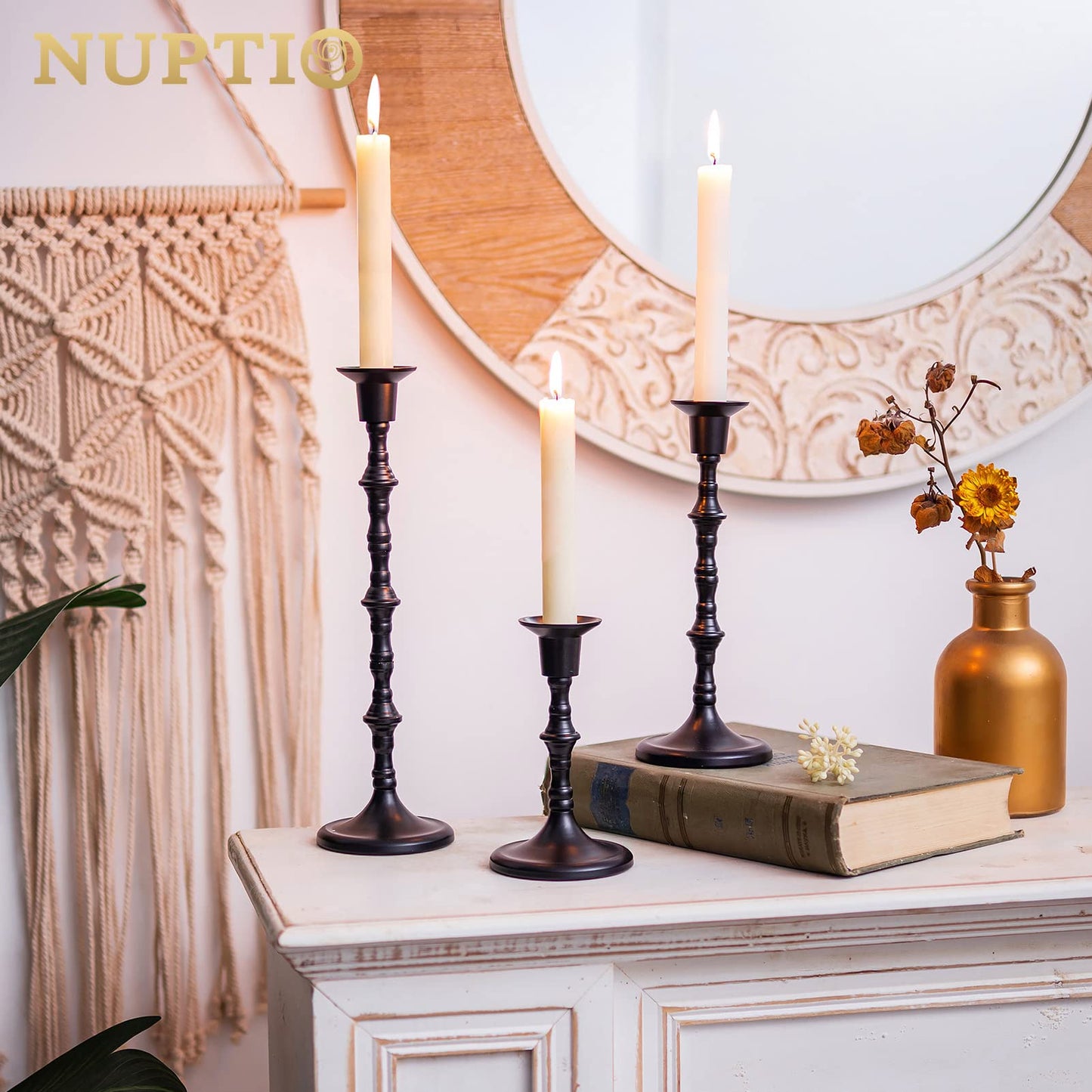 Nuptio Black Candle Holder for Candlestick: Set of 3 Gothic Taper Candle Stick Holders - Tall Metal Candleholders for Halloween Christmas Fireplace Dining Room Table Centerpieces