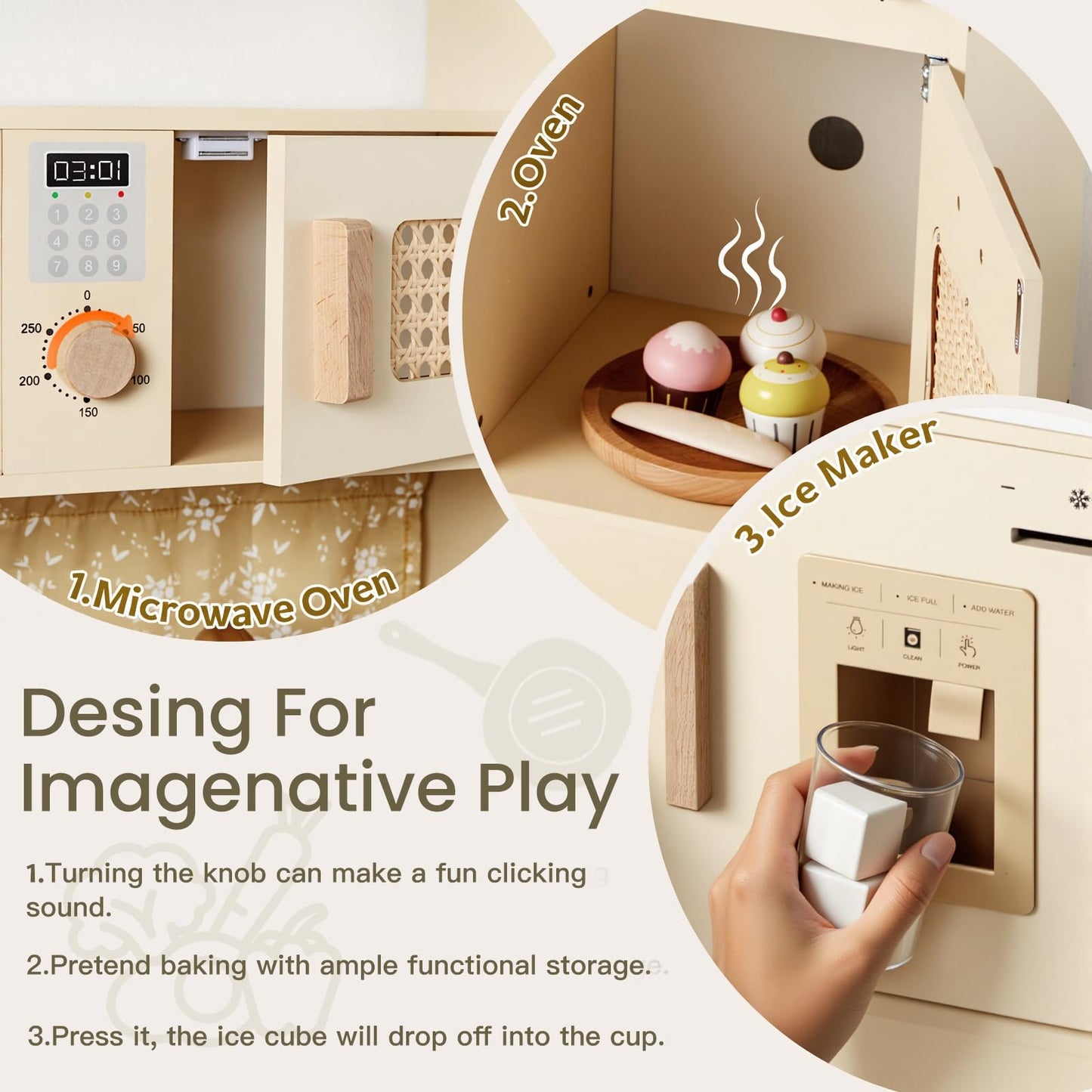 labebe Play Kitchen for Kids Indoor Pretend Play, Wood Toy Set with 2 Storage Boxes, Stove, Sink, Ice Maker, Pots and Pans, Kitchen Set for Cooking Play