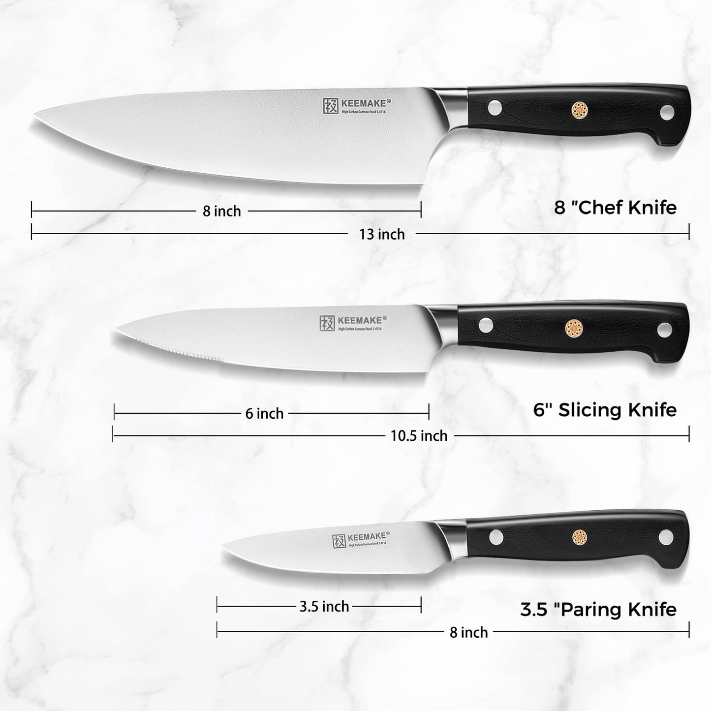 KEEMAKE Kitchen Knife Set, 3PCS Sharp High Carbon Stainless Steel Knives Set for Kitchen with Ergonomic Handle, Chef Knife set Professional Carving Knife Set for Meat Vegetable Fruit