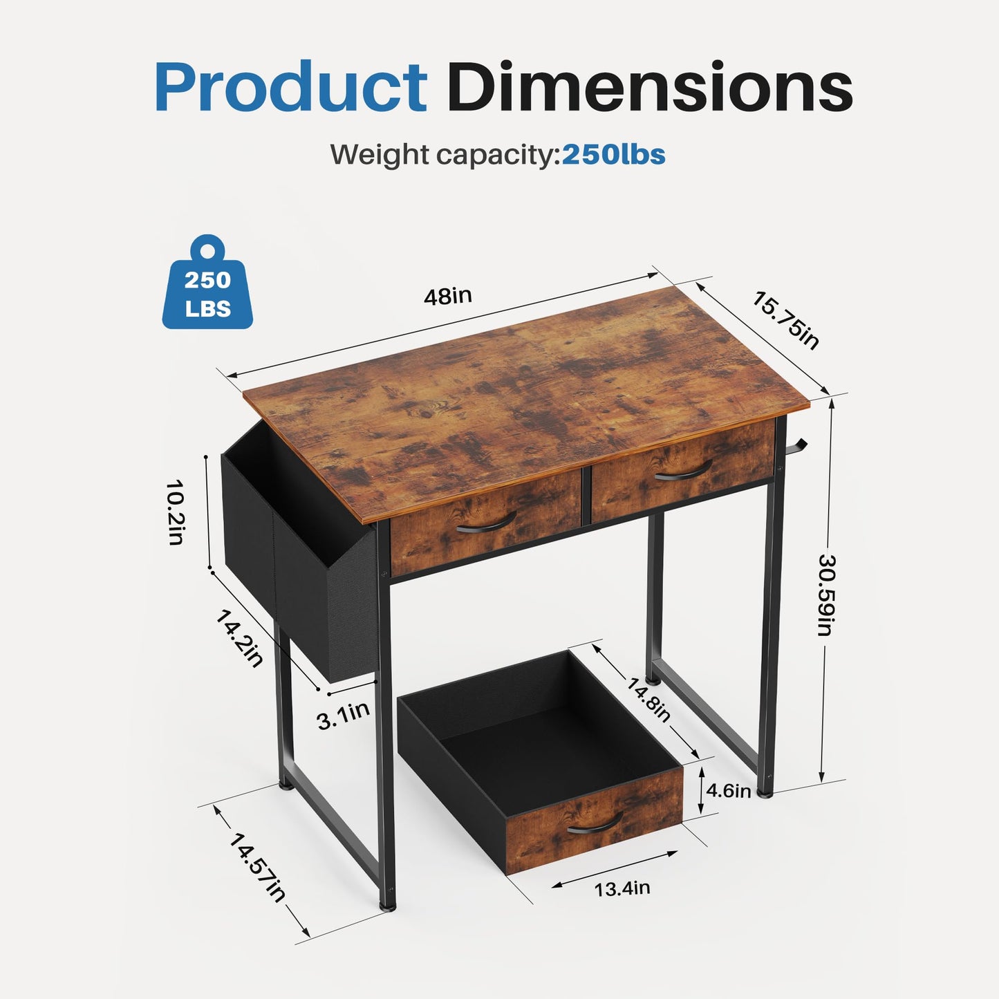 OLIXIS 32Inch Small Desk with Fabric Drawers for Home Office, Gaming Computer Desk with Side Bag, Headphone Hook Writing Study Work Table for Bedroom Small Sapce, Chic Brown