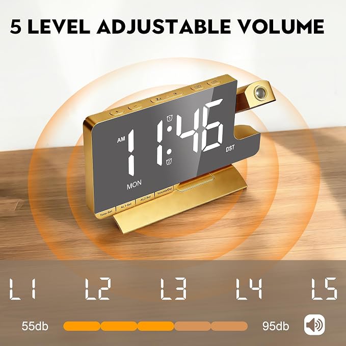SZELAM Alarm Clock Bedside with Projection Digital Clock,7.3" Mirror Clock with 180°Rotating Projector,Dual Alarm with 3 Mode,Brightnee Adjust,DST,Snooze,Charging Port,5 Levels Volume for Desk Teens