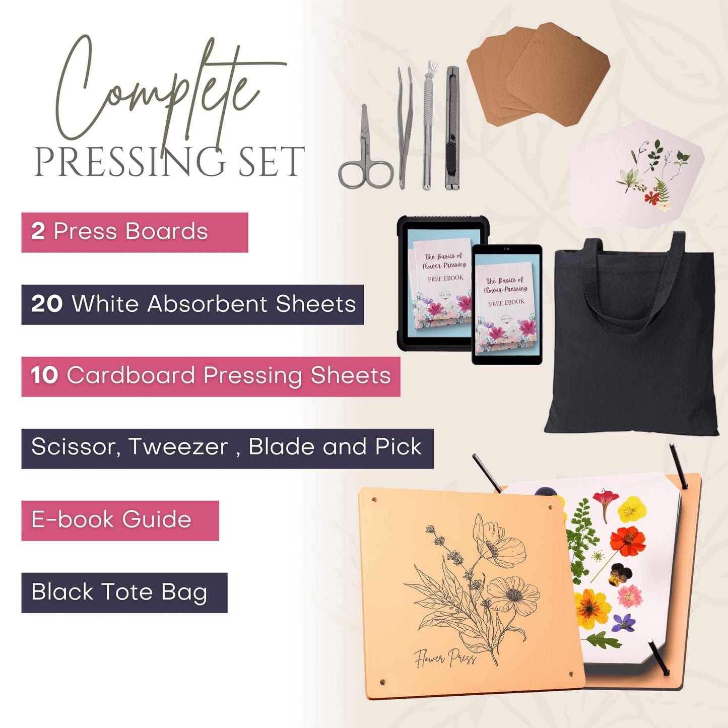 Wooden Flower Press - Durable Bolt Lock Design Complete Pressing Kit w/White Absorbent Sheets, Ebook Guide & More - 10 Layers for Drying & Preserving Flowers - Ideal Craft Gift for Nature Lovers