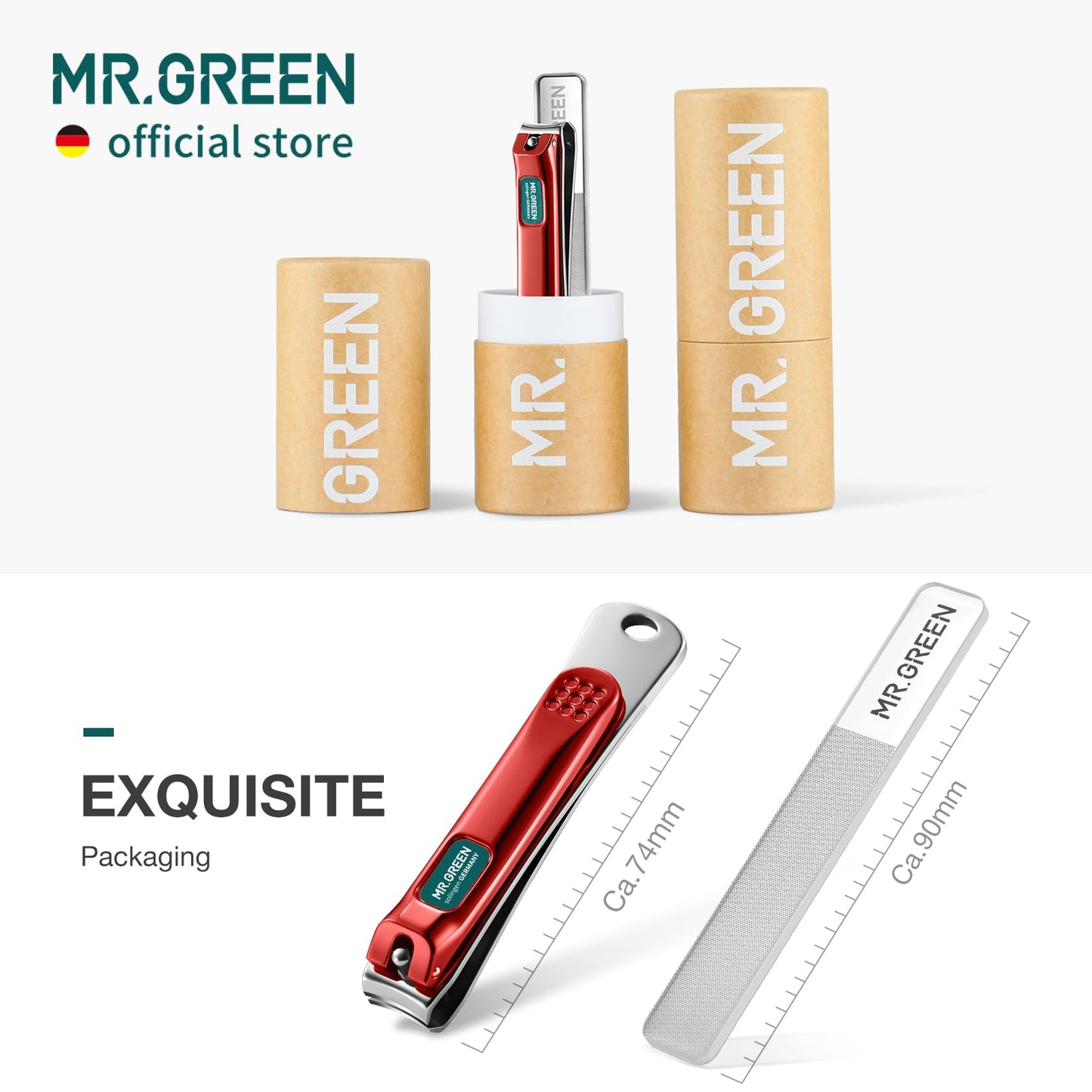 MR.GREEN Nail Clippers Curved Blades Fingernail Cutter Nippers Manicure Scissors Stainless Steel Pedicure Tools with Nail Flies (Medium-Red+Glass File)