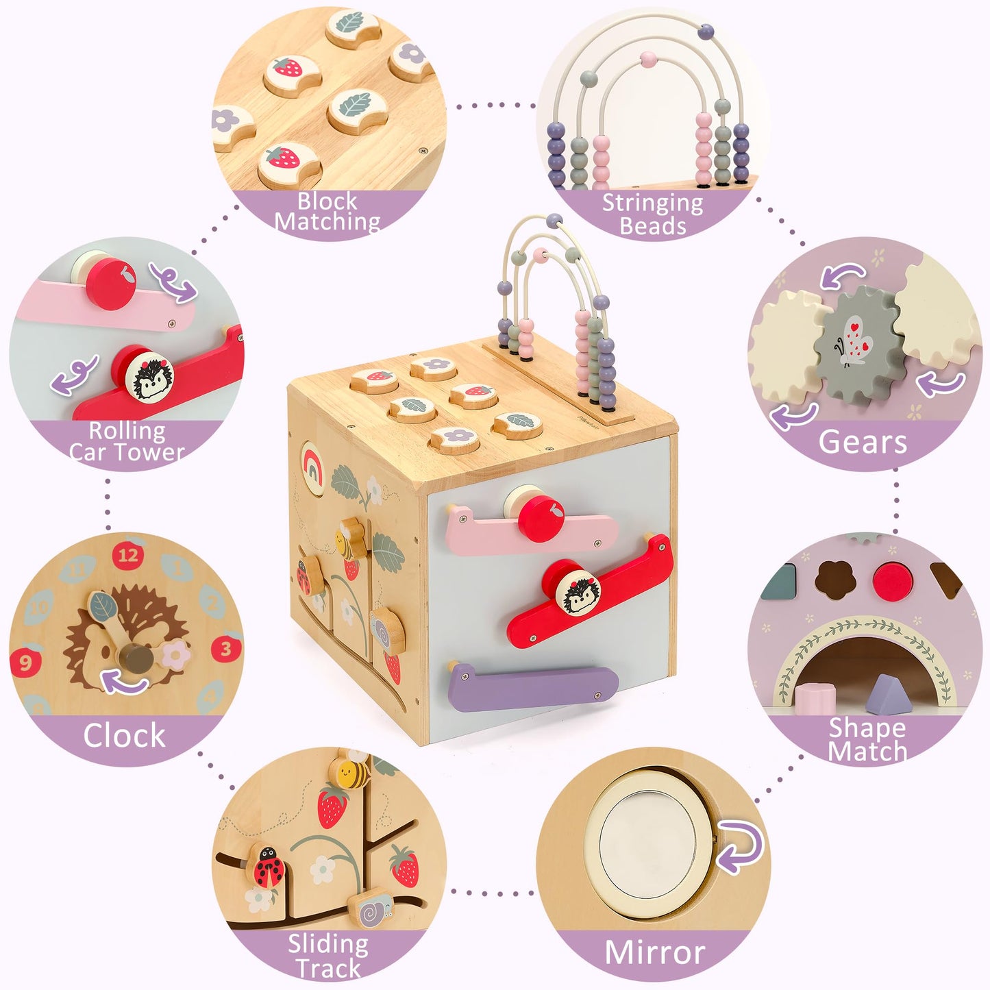 Pillowhale 8-in-1 Wooden Activity Cube for Toddlers 1–3, Montessori Learning Toy with Bead Maze, Shape Sorter, Sliding Tracks & Clock, Educational Play Cube for Baby 12M+
