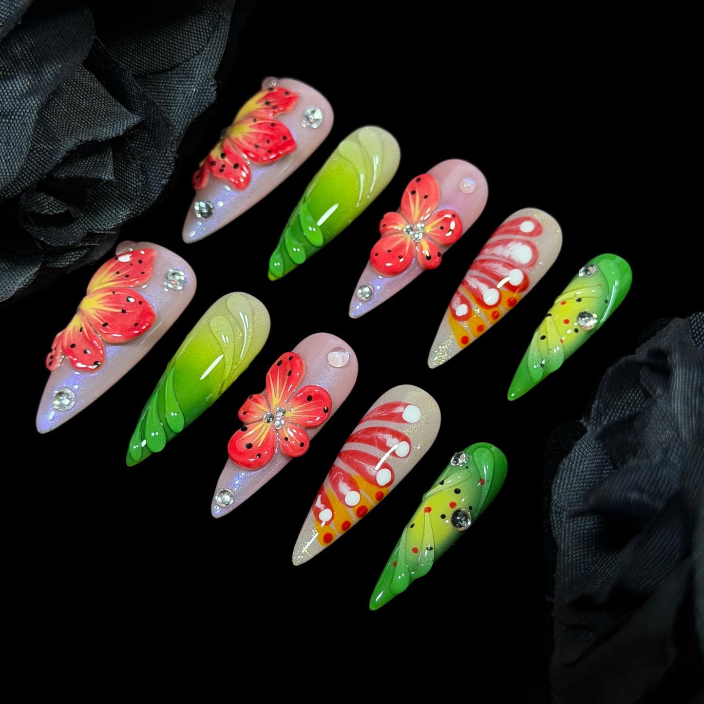 Handmade Press On Nails, Stiletto Shape, 3D Floral Botanical Muse Art, Vibrant Multi-Color Design, Thick Acrylic Fake Nails Set Tropical (L)