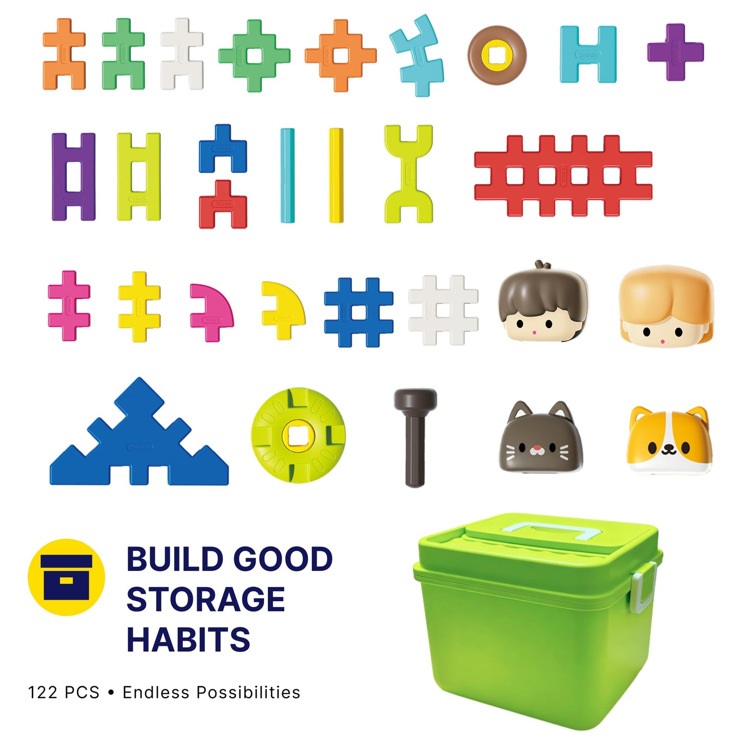 XRUFY Interlocking Building Blocks for Kids, 100+ Pcs STEAM Construction Set with Figures & Pets, Sensory Educational Toy for Preschoolers 3-8, with Building Manual & Storage Bin