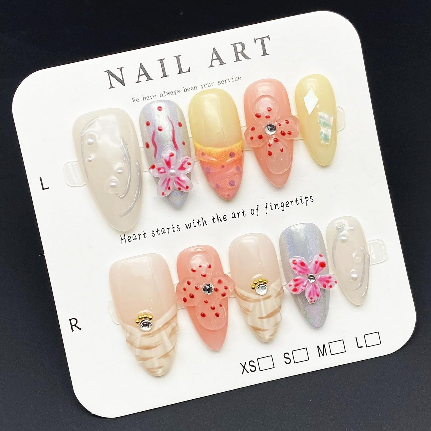 Handmade Press on Nails Medium Almond 3D Flower Fake Nails Unique False Nails with Designs Rhinestones Pearls Glossy Glue on Reusable Thick Acrylic Nails 10Pcs (M)