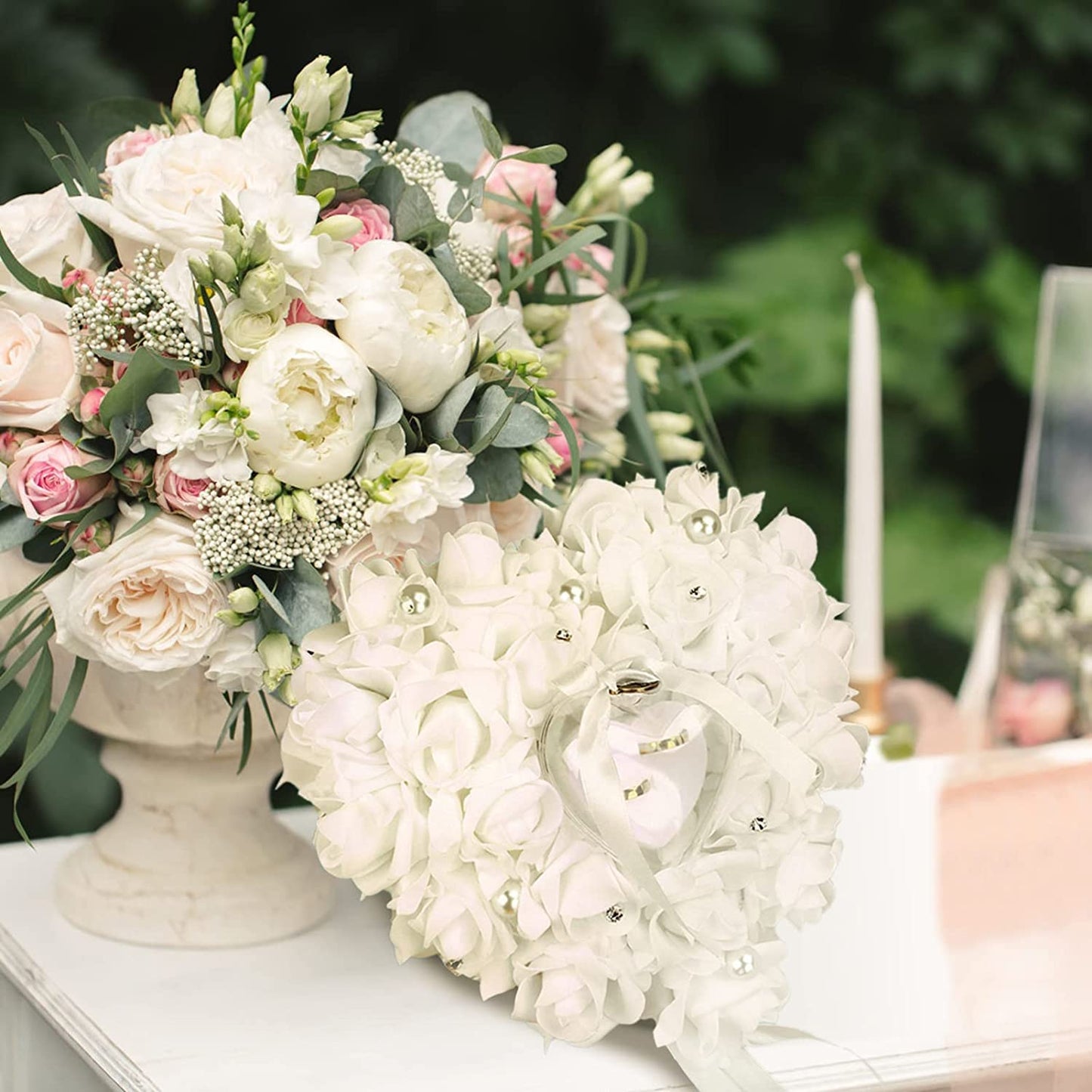GOTOTOP Wedding Pillow, White Heart Shape Wedding Box for Wedding Lace Crystal Rose Heart Box Wedding Holder Gift