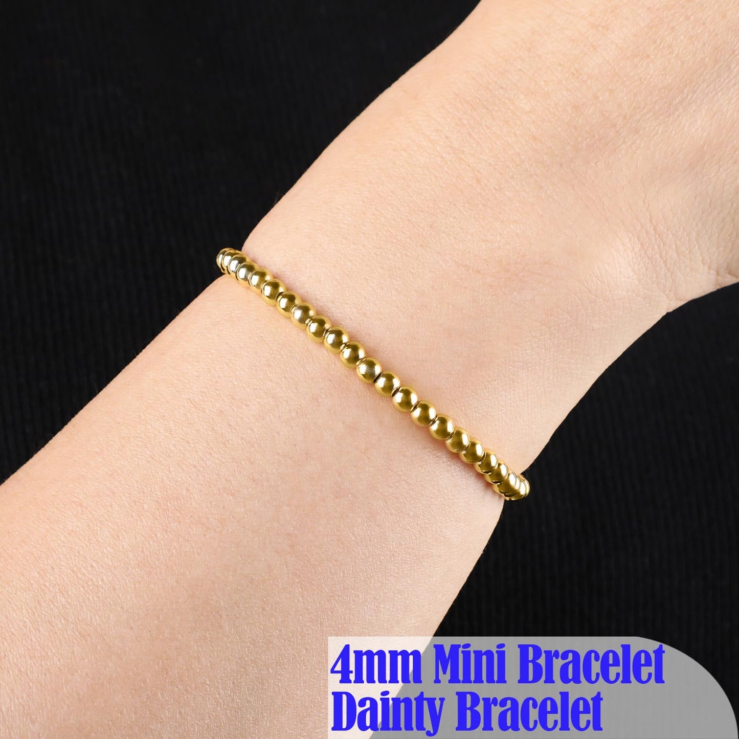QOGIR 14K Gold Plated Beads Gemstone Stretch Elastic Dainty Handmade Beaded Bracelets for Women Gifts 4mm