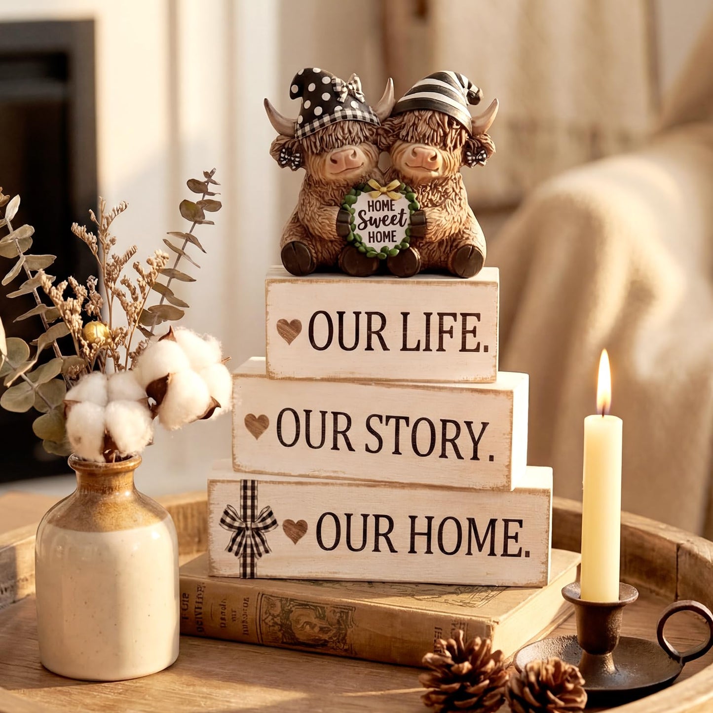 Yousoontic 4 Pcs Rustic Wooden Highland Cow Figurines Set, Farmhouse Table Decor Home Sweet Home Stackable Centerpiece for Entryway Tiered Tray Shelf Living Room Office Decor, Housewarming Gift