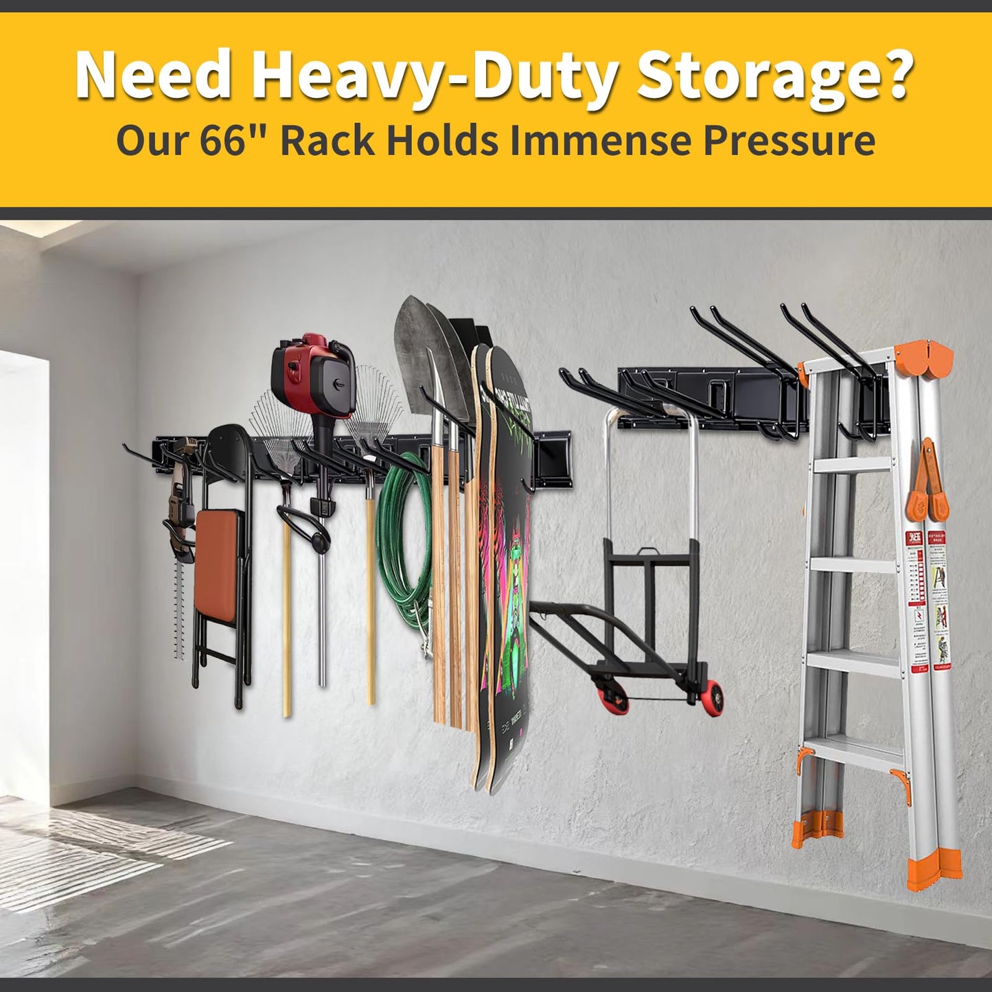 Dovalunetra 66'' Heavy-Duty Garage Tool Organizer Wall Mount – 720lbs Capacity Metal Rack with Adjustable Hooks for Rake, Broom, Shovel, Snowboard & Garden Tools