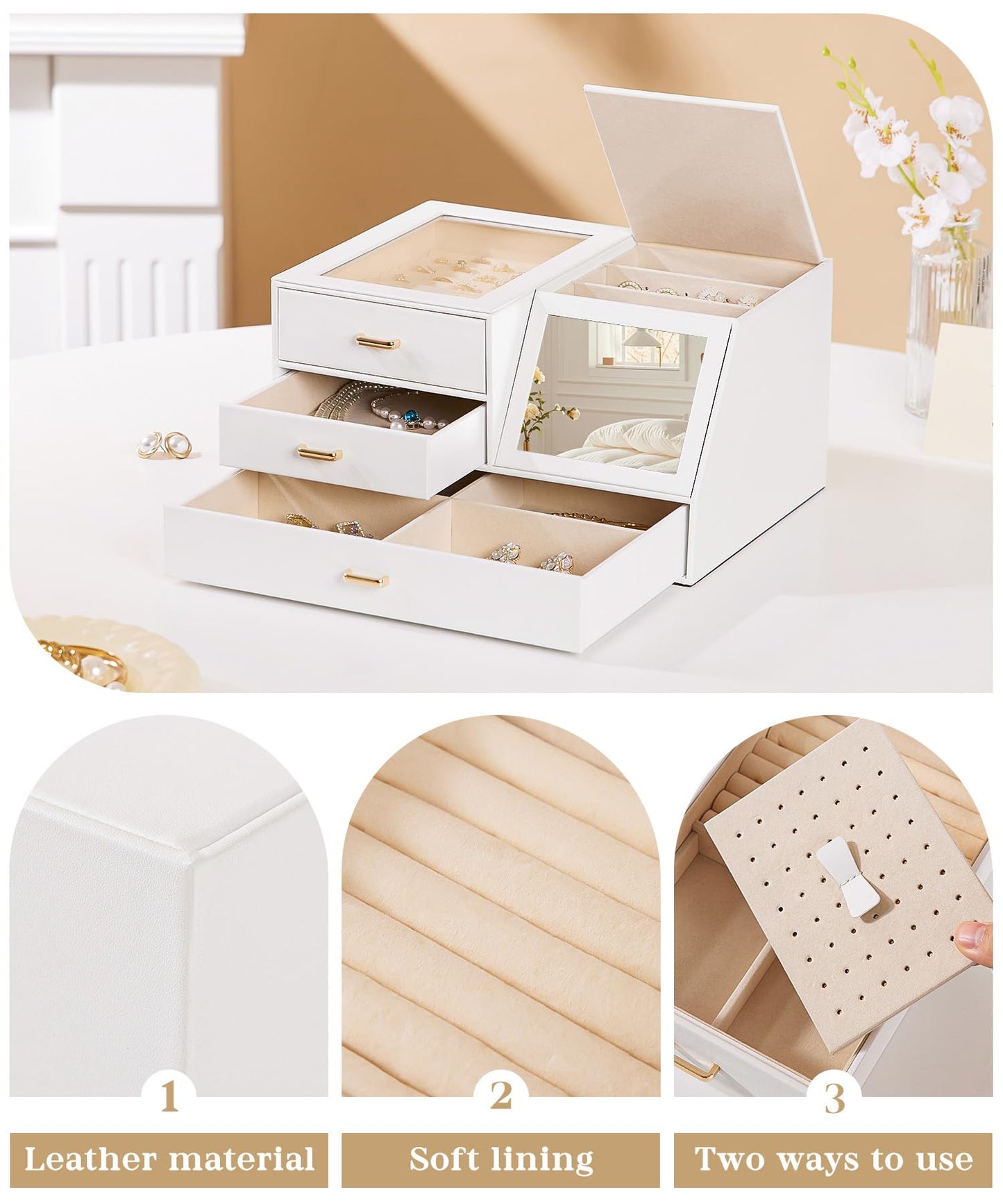 Homde Women Mirror Jewelry Box: Organizer Case with Clear Lid for Ring Necklace Earring - Gift for Young Women (White)