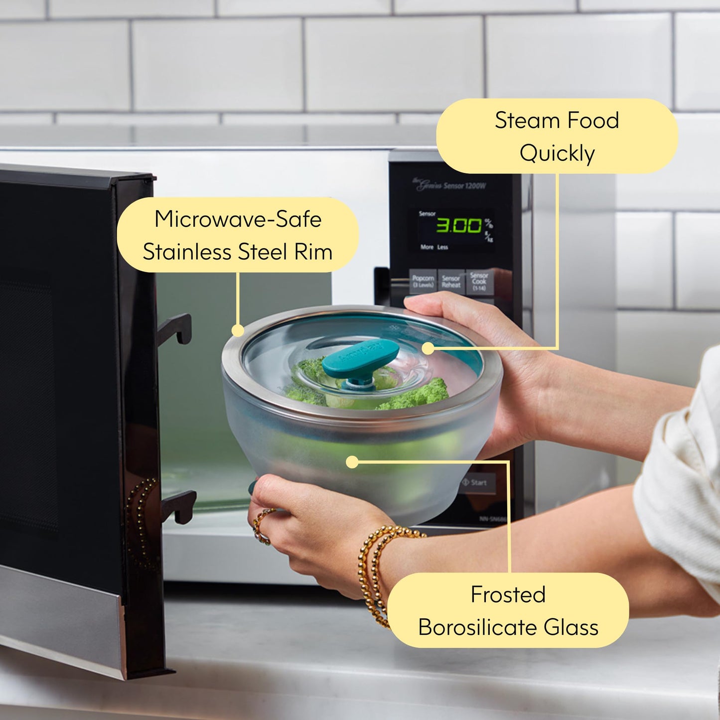 Anyday 4-Cup Microwave Cookware & Glass Container with Glass Lid, Plastic-Free Deep Food Storage | Stackable Airtight Steamer with Vented Lid for Microwave-Safe Reheating, Steaming Vegetables & Rice