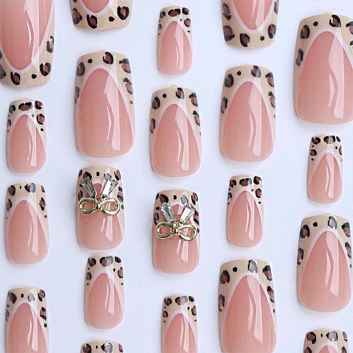 plalely Square Press on Nails Medium Nude Fake Nail Leopard Acrylic Nail Press ons Bow Stick on Nail for Women 24pcs