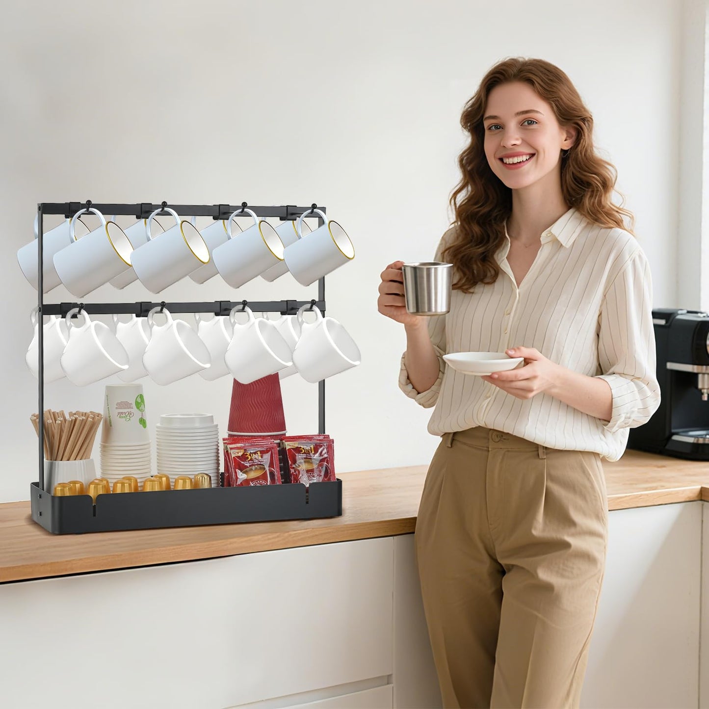 CWYEYE Coffee Mug Holder for Countertop, Cup Holder Rack with Slidable 16 Hooks, Large Mug Holder with Storage Base for Coffee Bar, Kitchen, Dining Room - Black