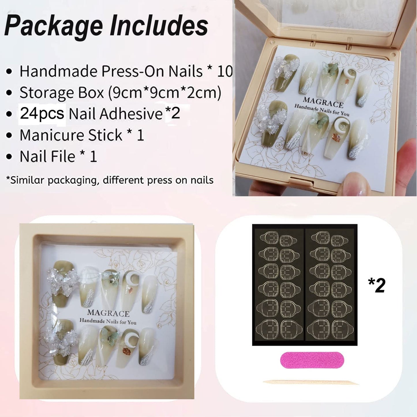 Magrace Handmade Press on Nails Medium Blue Fake Nails Long Coffin Stick on Nails for Womrn Gel UV Finish Handmade Nail Art with Design 10 pcs